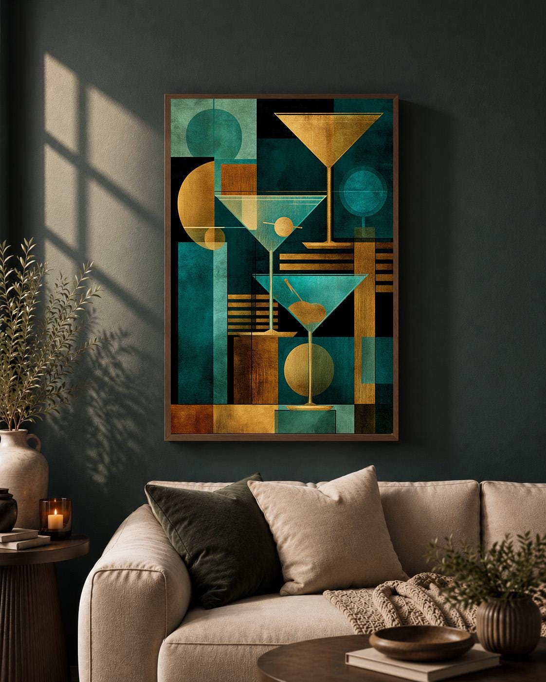 Art Deco Martini Framed Canvas Print, Teal Gold Geometric Bar Art, Framed Glam Artwork by The Wall Art Studio - physical