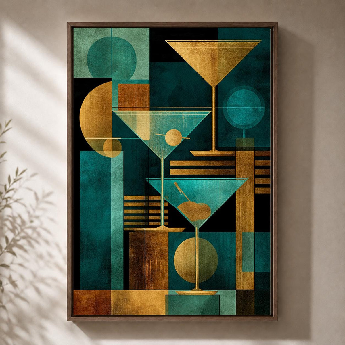 Art Deco Martini Framed Canvas Print, Teal Gold Geometric Bar Art, Framed Glam Artwork by The Wall Art Studio - physical