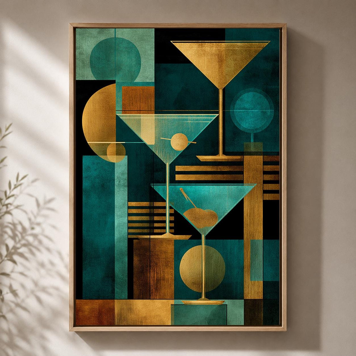 Art Deco Martini Framed Canvas Print, Teal Gold Geometric Bar Art, Framed Glam Artwork by The Wall Art Studio - physical