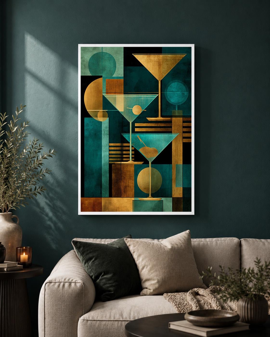 Art Deco Martini Framed Canvas Print, Teal Gold Geometric Bar Art, Framed Glam Artwork by The Wall Art Studio - physical