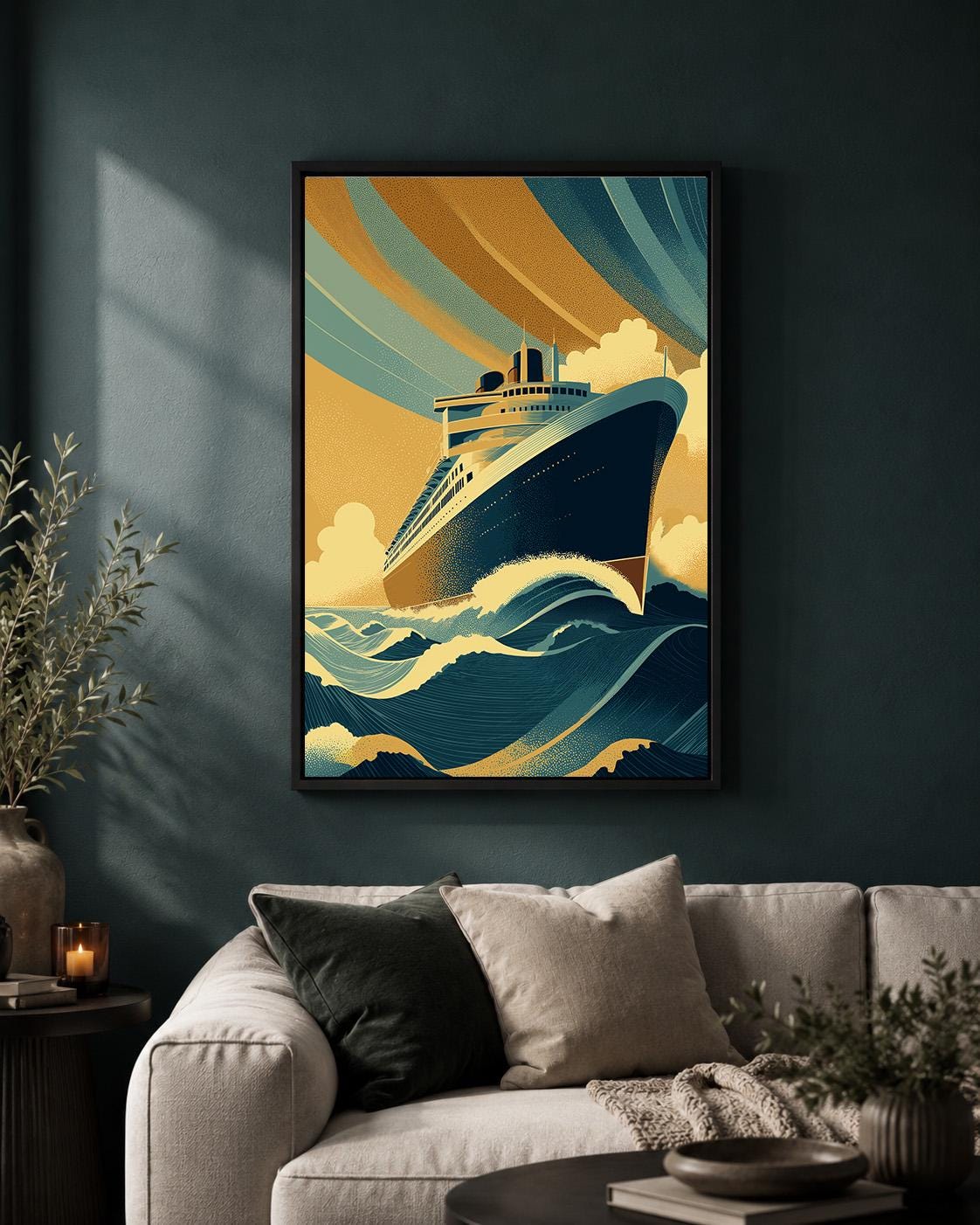 Art Deco Ocean Liner Framed Canvas Print, Maritime Cruise Ship Wall Art by The Wall Art Studio - physical