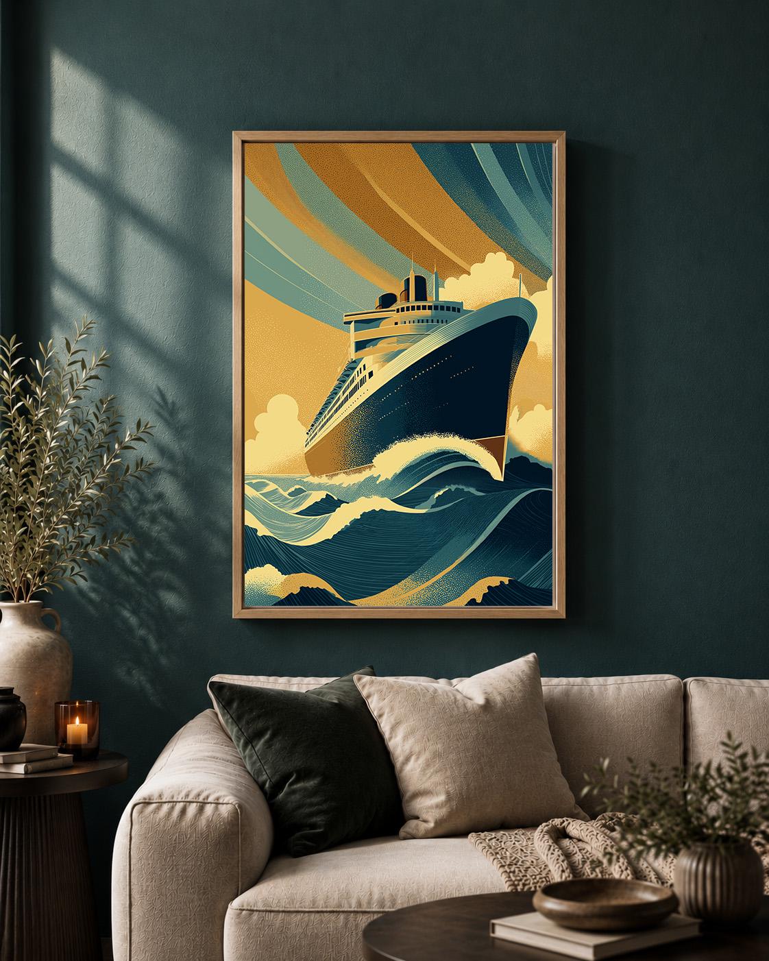 Art Deco Ocean Liner Framed Canvas Print, Maritime Cruise Ship Wall Art by The Wall Art Studio - physical