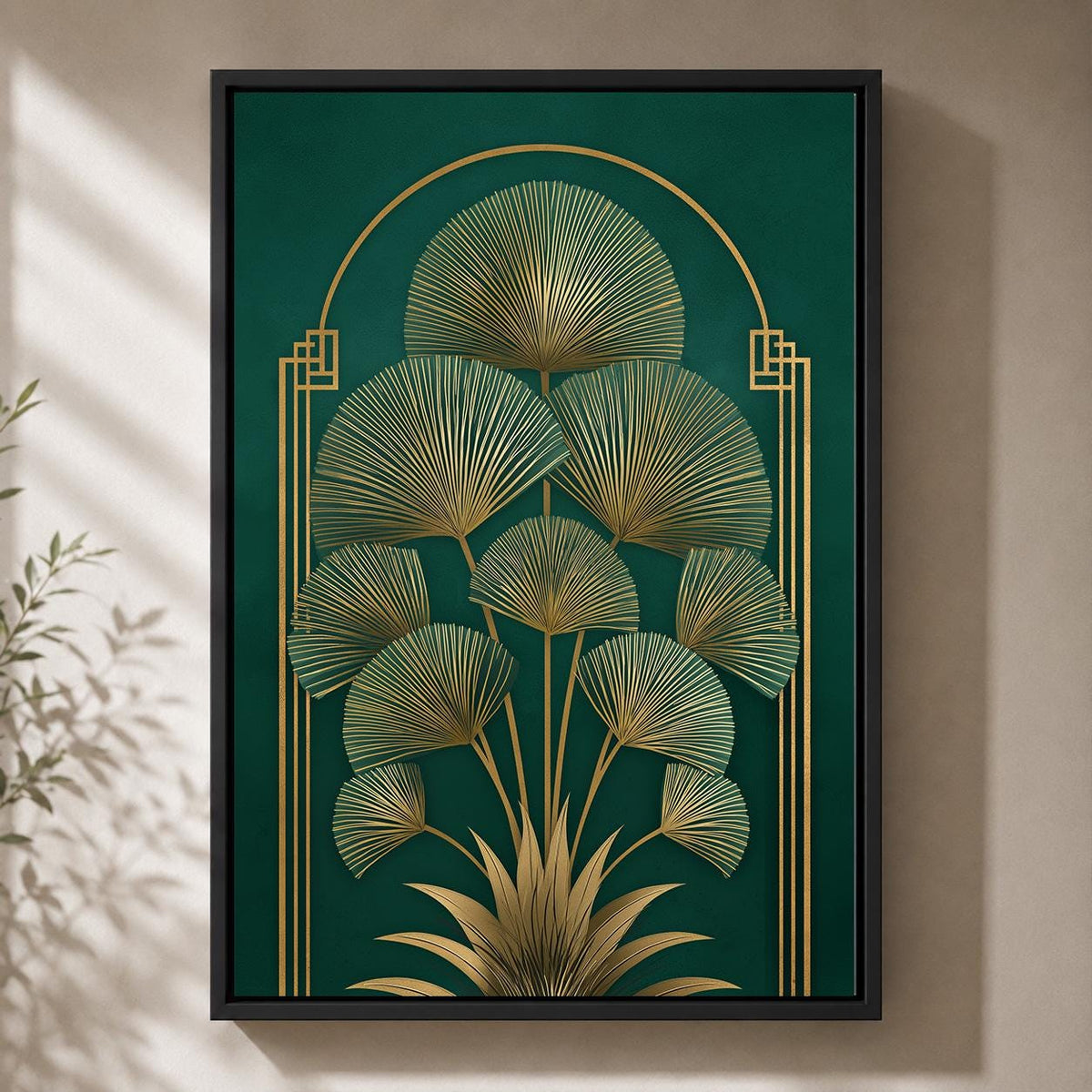 Art Deco Palm Fan Framed Canvas Art, Emerald Gold Leaf Print, Luxury Wall Decor by The Wall Art Studio - physical