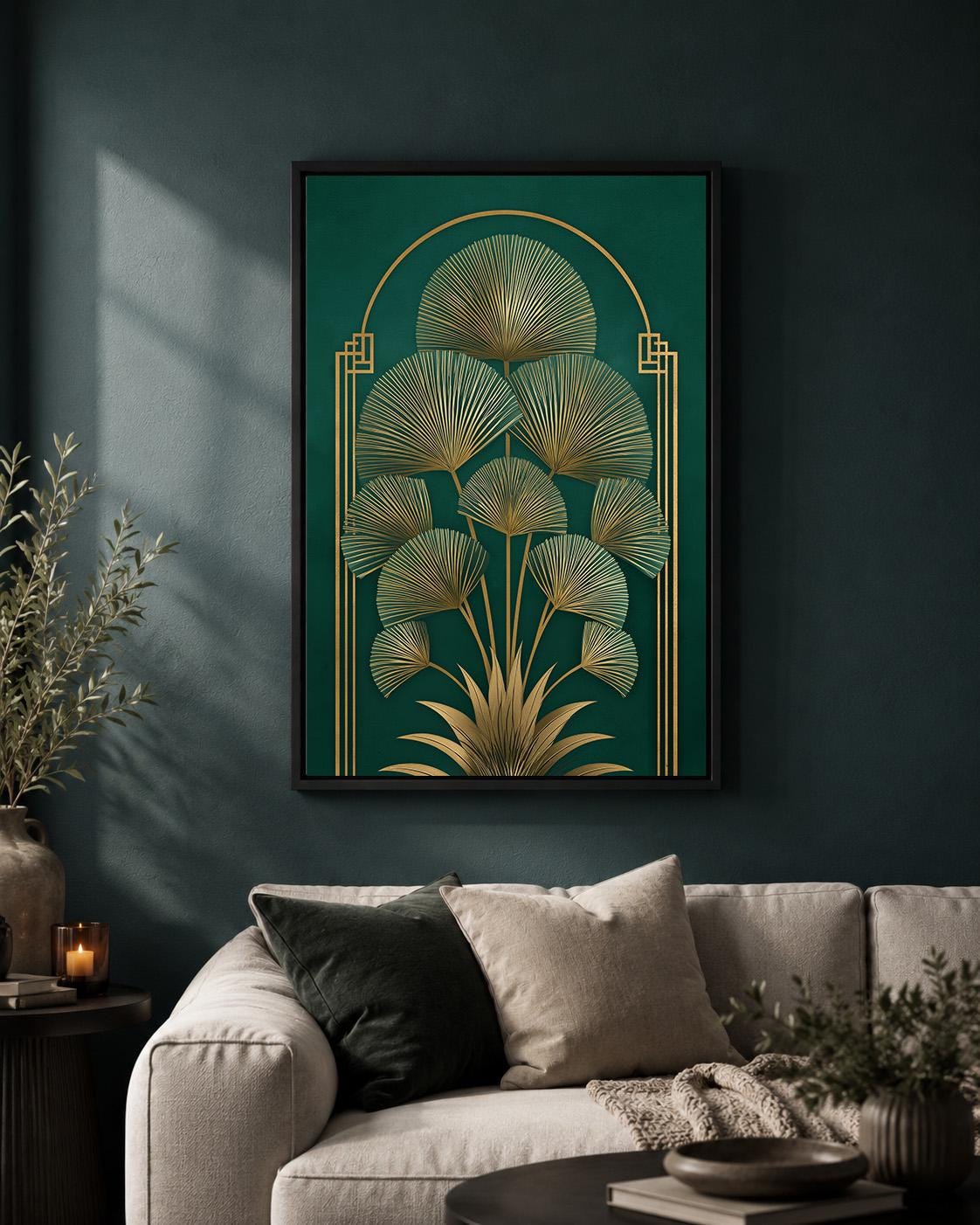 Art Deco Palm Fan Framed Canvas Art, Emerald Gold Leaf Print, Luxury Wall Decor by The Wall Art Studio - physical