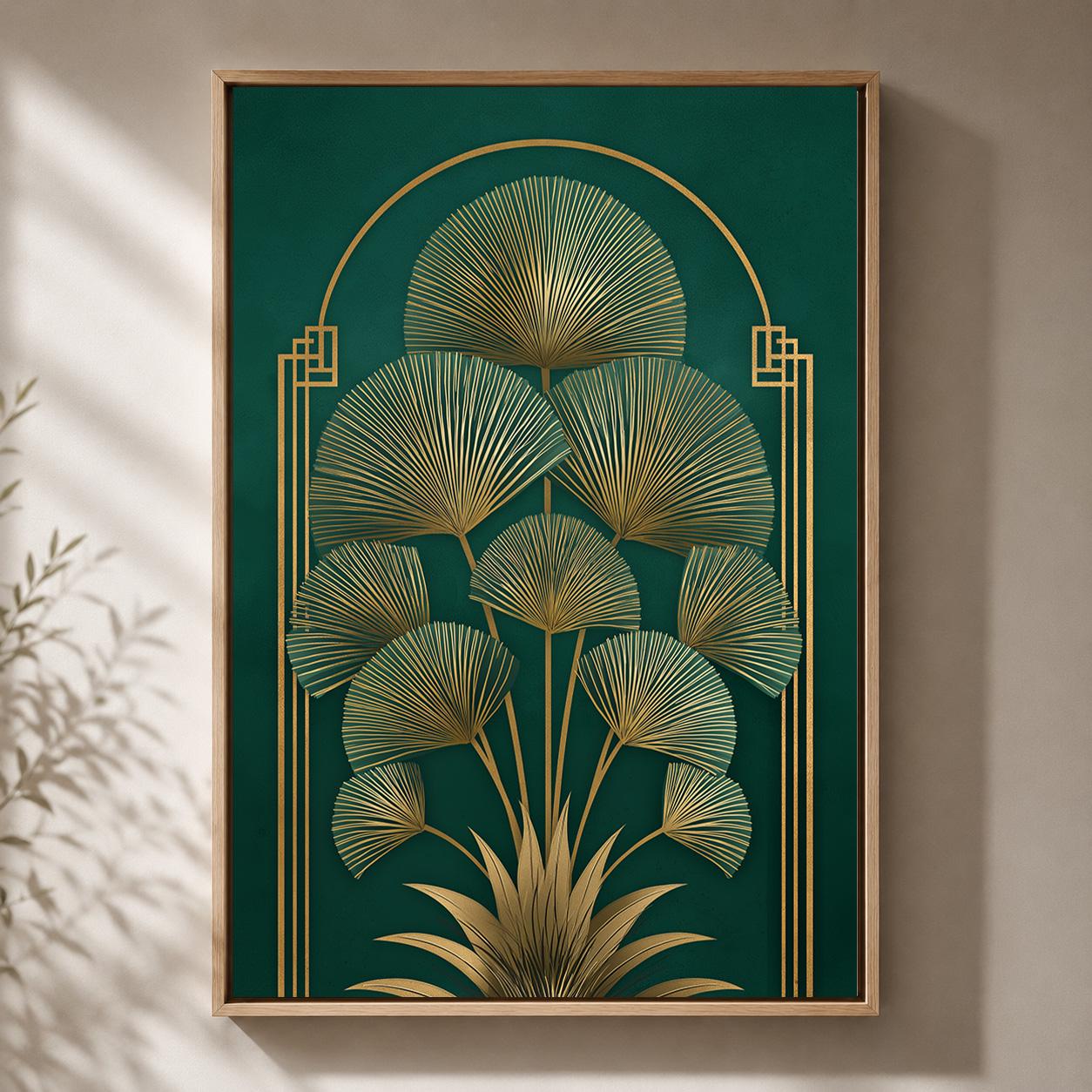 Art Deco Palm Fan Framed Canvas Art, Emerald Gold Leaf Print, Luxury Wall Decor by The Wall Art Studio - physical