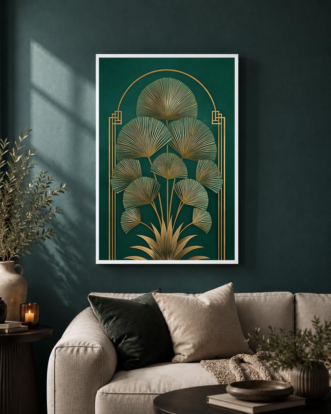 Art Deco Palm Fan Framed Canvas Art, Emerald Gold Leaf Print, Luxury Wall Decor by The Wall Art Studio - physical