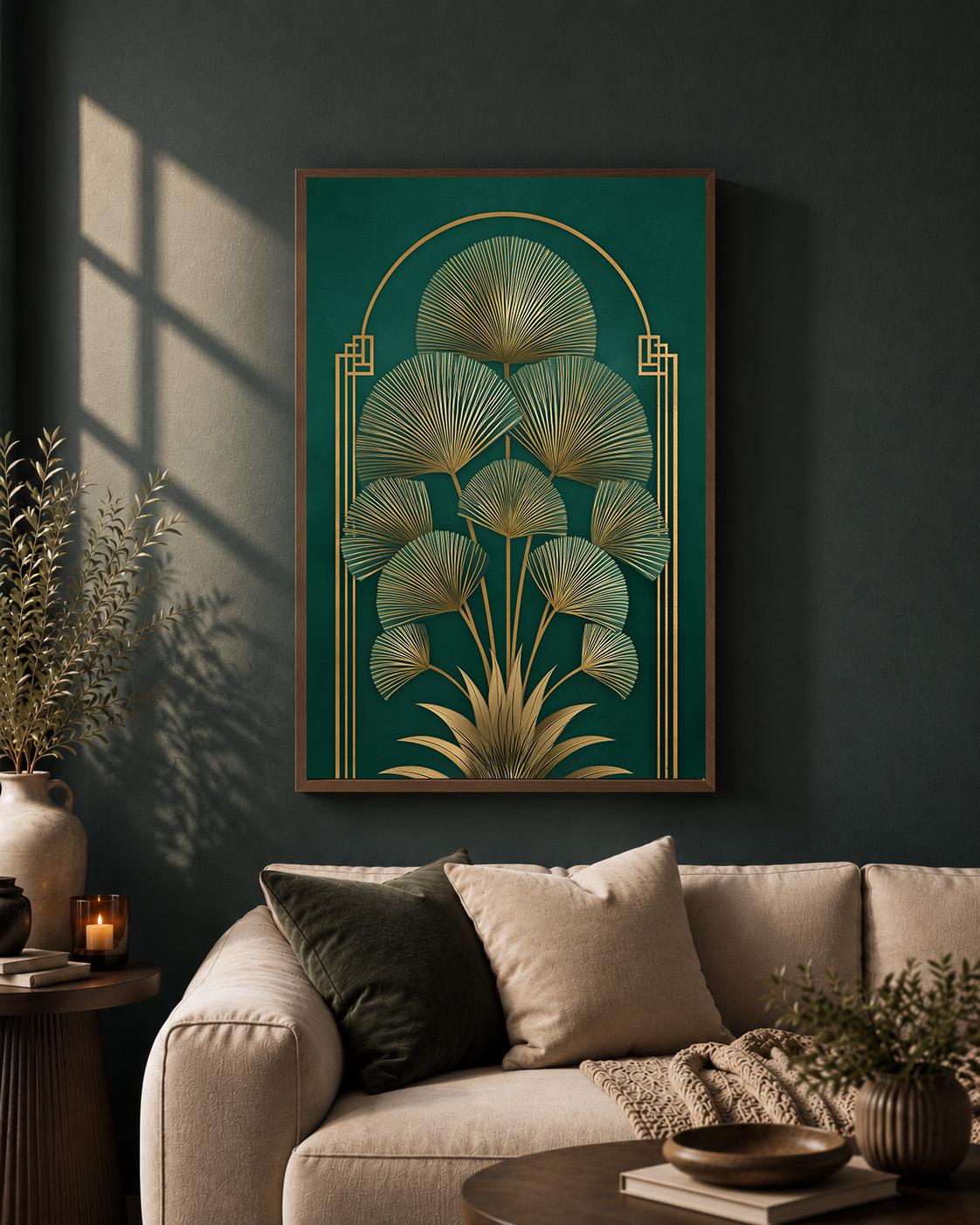 Art Deco Palm Fan Framed Canvas Art, Emerald Gold Leaf Print, Luxury Wall Decor by The Wall Art Studio - physical