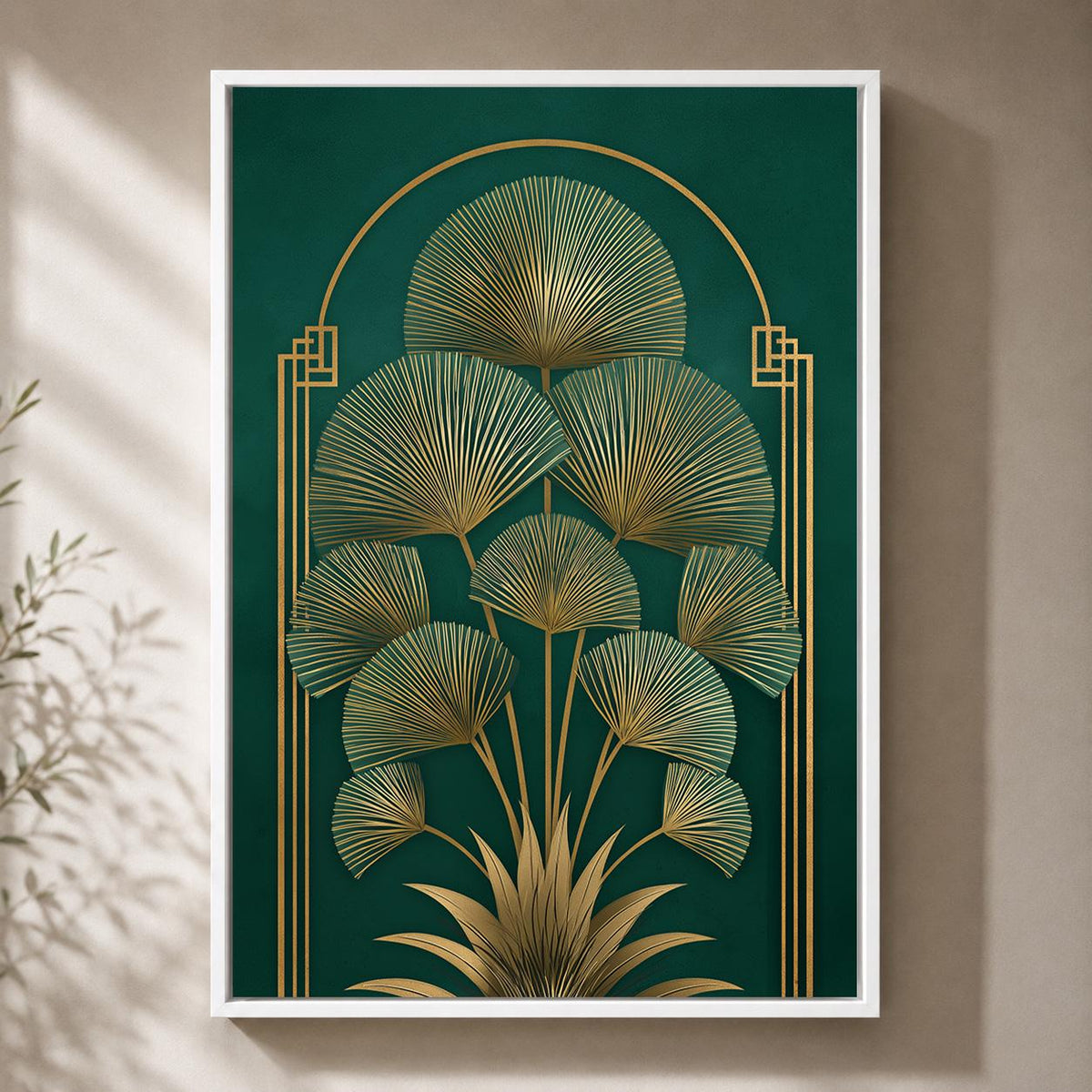 Art Deco Palm Fan Framed Canvas Art, Emerald Gold Leaf Print, Luxury Wall Decor by The Wall Art Studio - physical