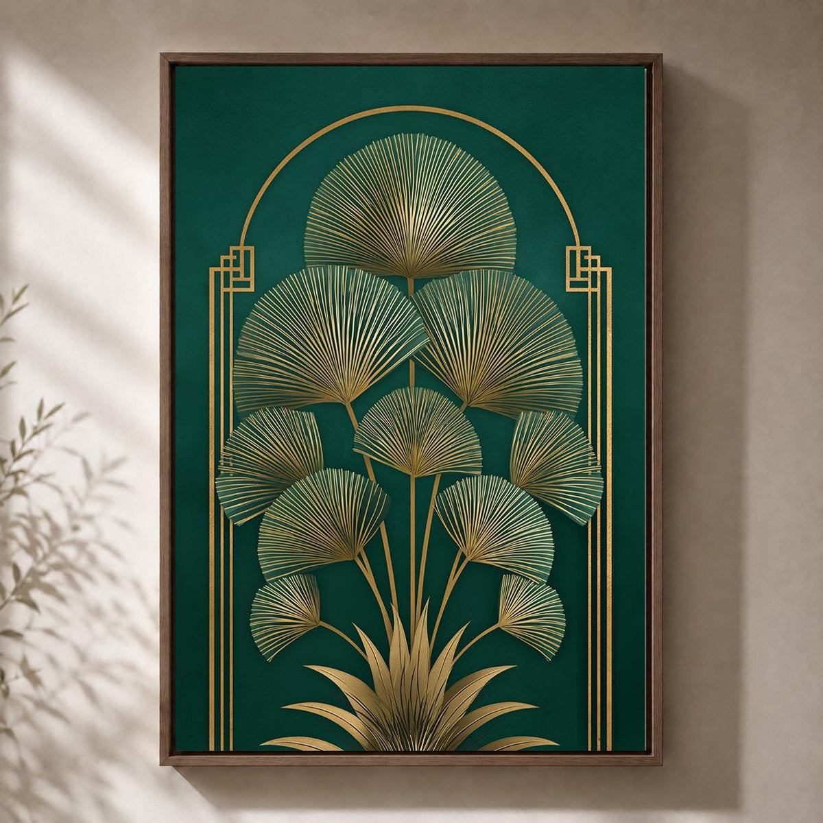 Art Deco Palm Fan Framed Canvas Art, Emerald Gold Leaf Print, Luxury Wall Decor by The Wall Art Studio - physical