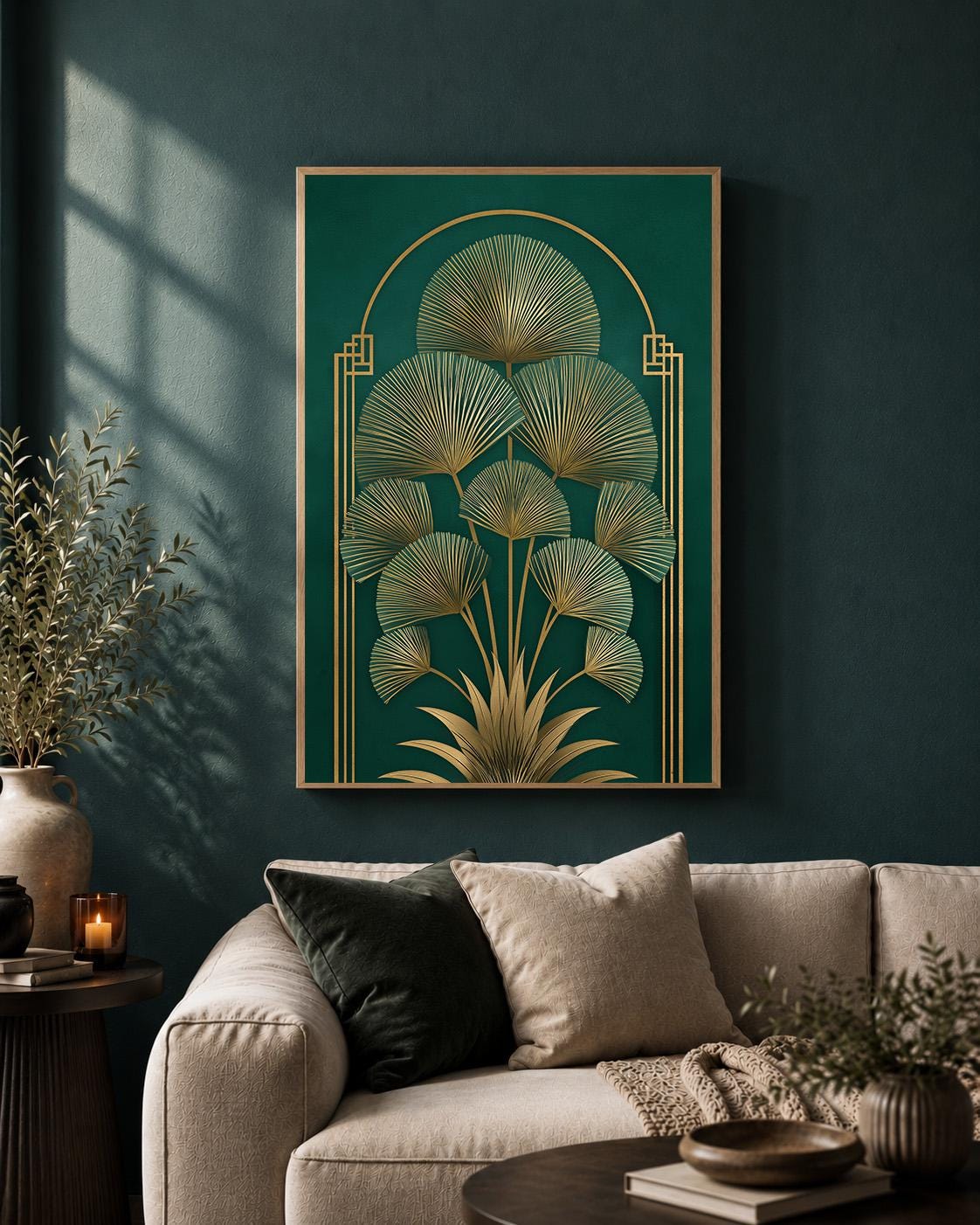 Art Deco Palm Fan Framed Canvas Art, Emerald Gold Leaf Print, Luxury Wall Decor by The Wall Art Studio - physical