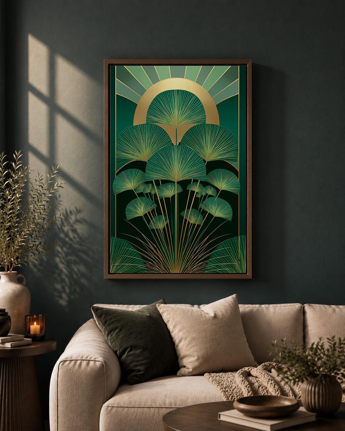 Art Deco Palm Framed Canvas, Emerald Green Botanical Wall Art, Gold Tropical Leaf Framed Canvas Print, Luxury Decor by The...
