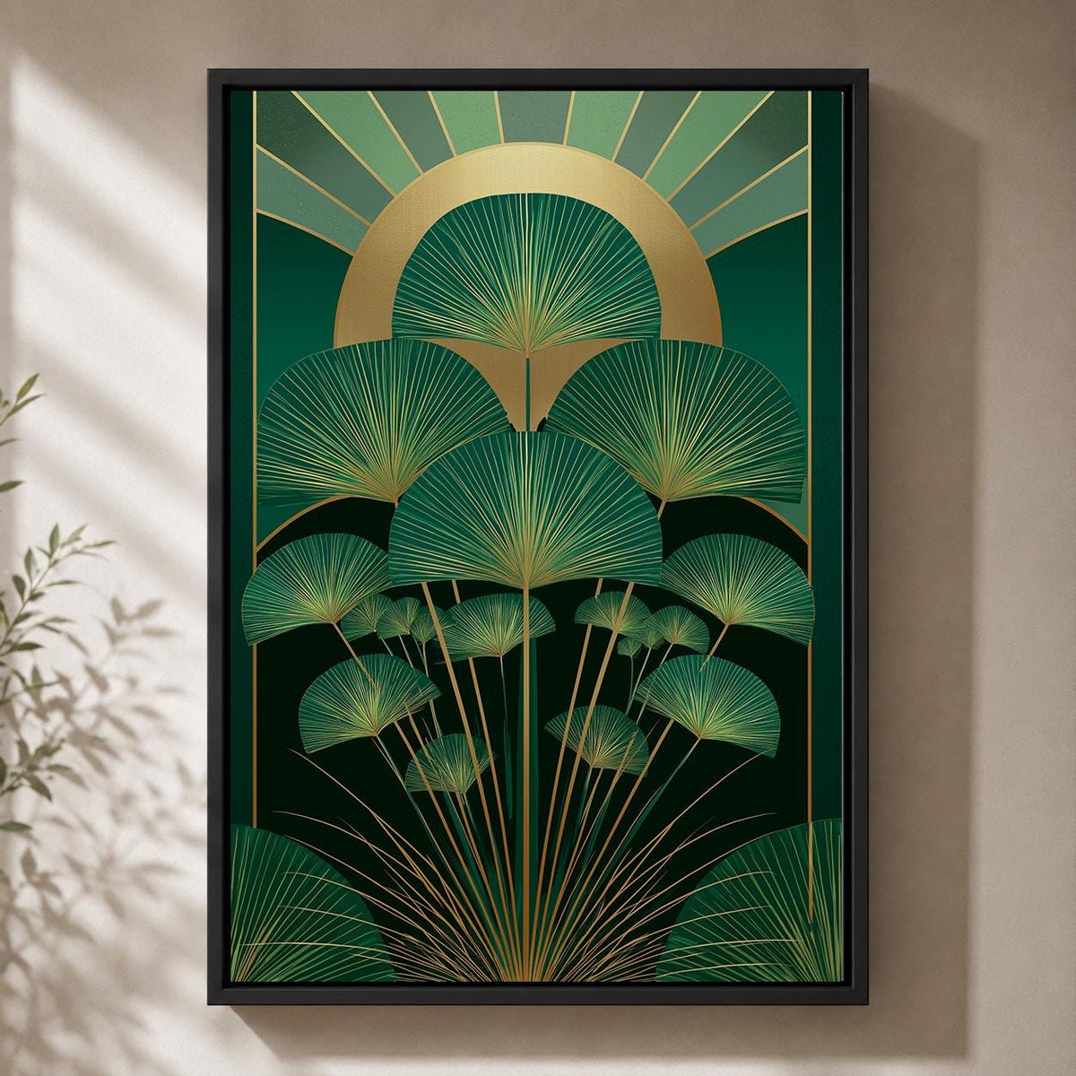 Art Deco Palm Framed Canvas, Emerald Green Botanical Wall Art, Gold Tropical Leaf Framed Canvas Print, Luxury Decor by The...