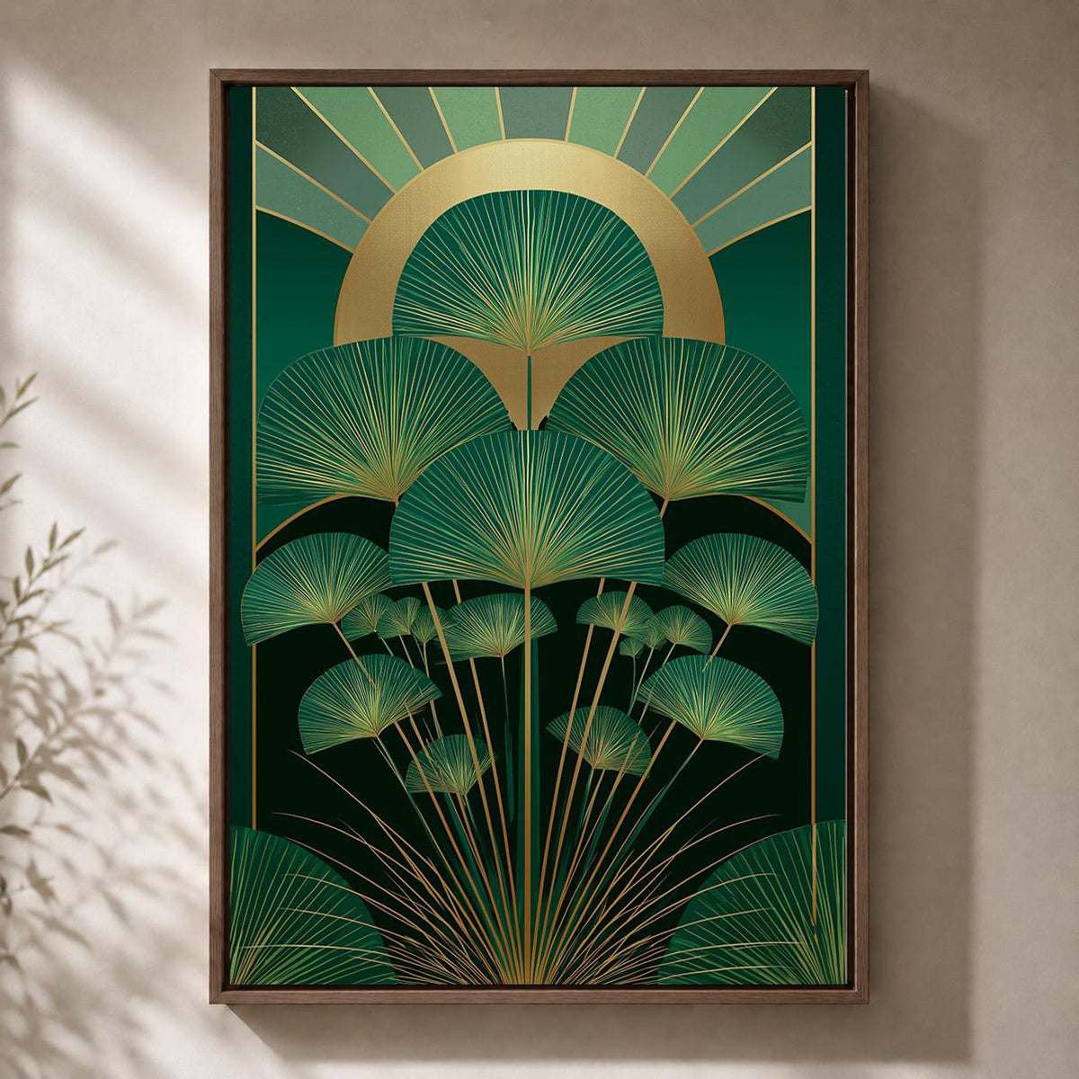 Art Deco Palm Framed Canvas, Emerald Green Botanical Wall Art, Gold Tropical Leaf Framed Canvas Print, Luxury Decor by The...