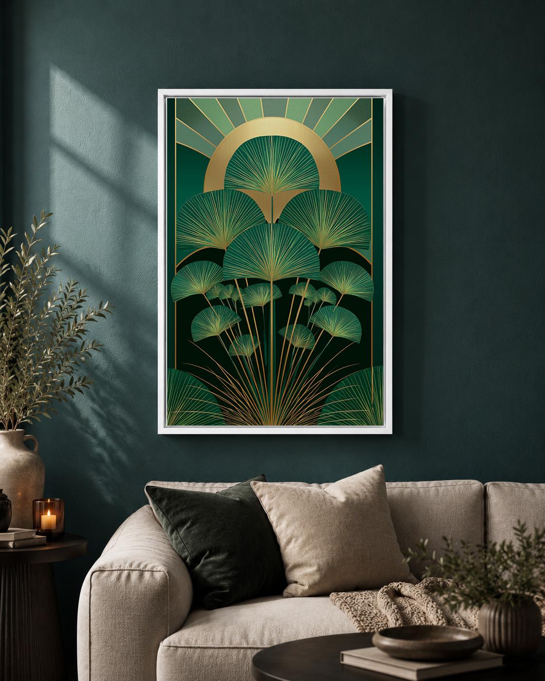 Art Deco Palm Framed Canvas, Emerald Green Botanical Wall Art, Gold Tropical Leaf Framed Canvas Print, Luxury Decor by The...