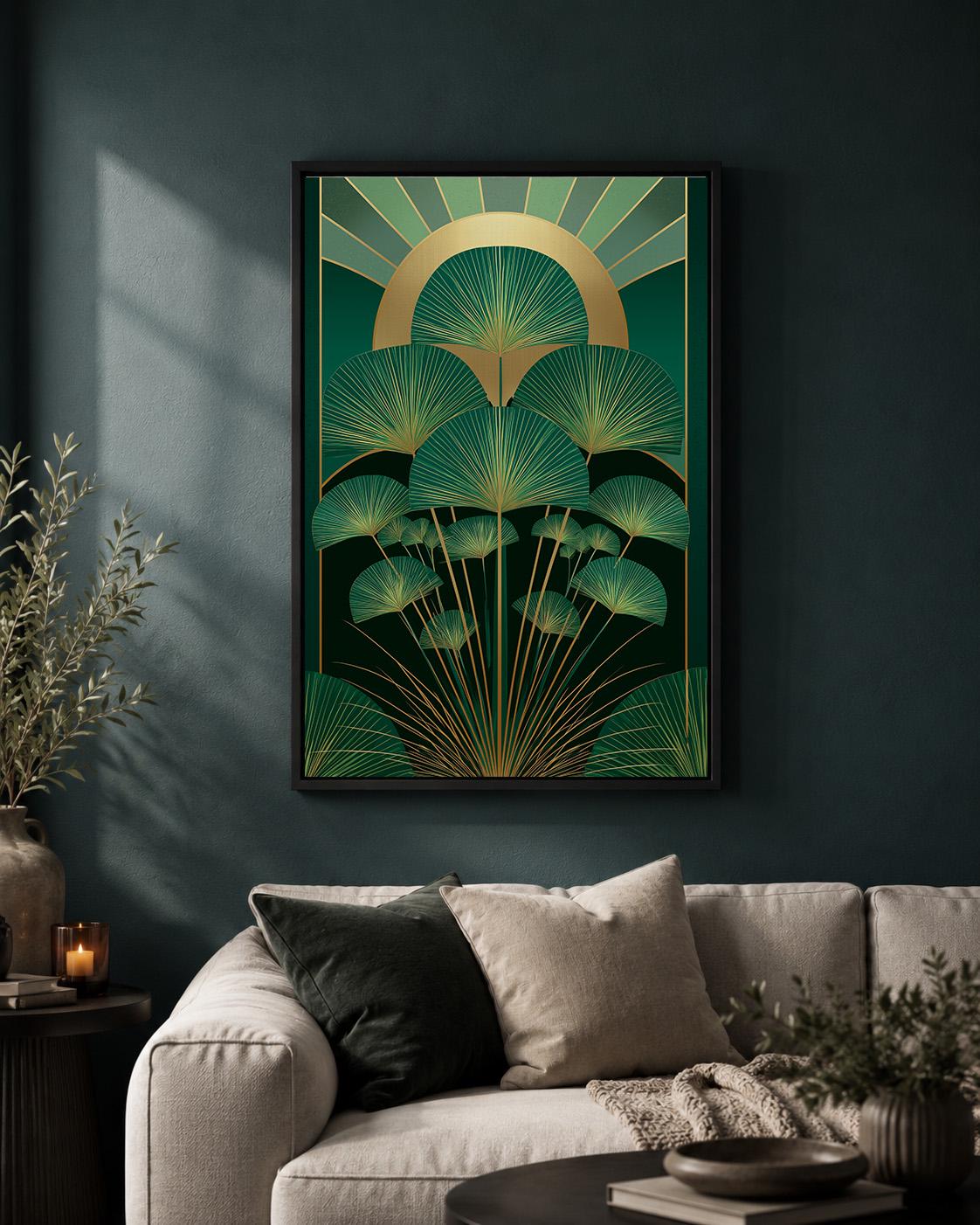 Art Deco Palm Framed Canvas, Emerald Green Botanical Wall Art, Gold Tropical Leaf Framed Canvas Print, Luxury Decor by The...