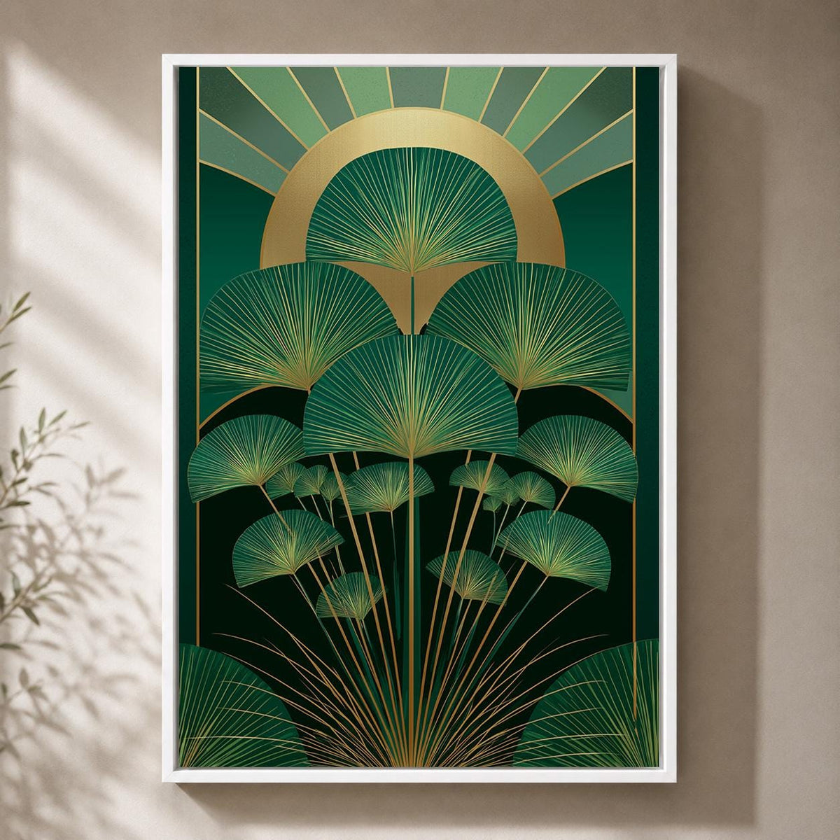 Art Deco Palm Framed Canvas, Emerald Green Botanical Wall Art, Gold Tropical Leaf Framed Canvas Print, Luxury Decor by The...