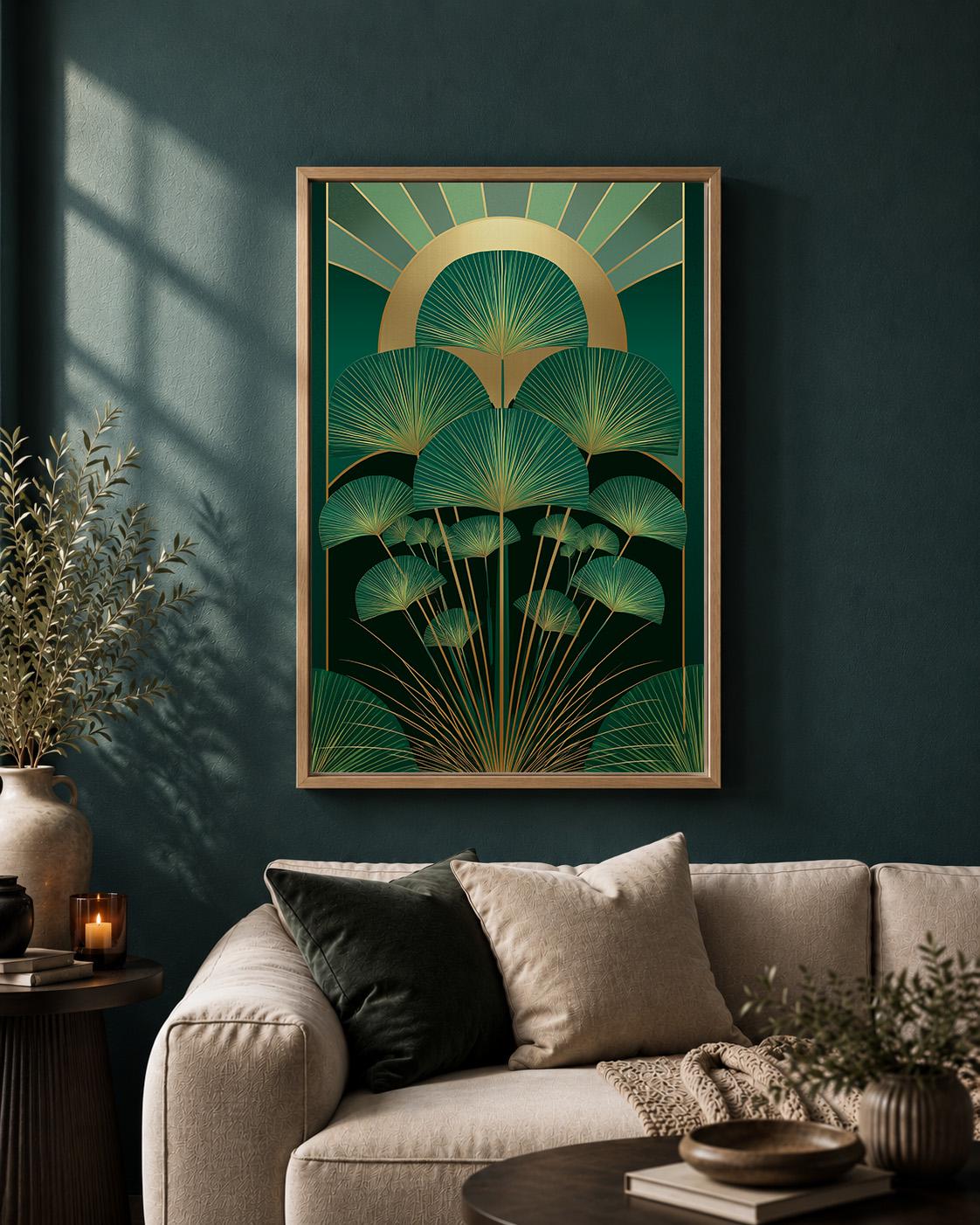 Art Deco Palm Framed Canvas, Emerald Green Botanical Wall Art, Gold Tropical Leaf Framed Canvas Print, Luxury Decor by The...