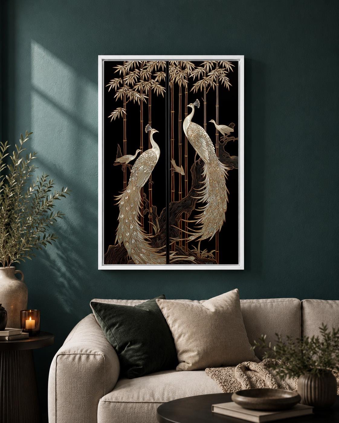 Art Deco Peacock Framed Canvas Art, Black Gold Oriental Bird Print, Japanese Style Decor by The Wall Art Studio - physical