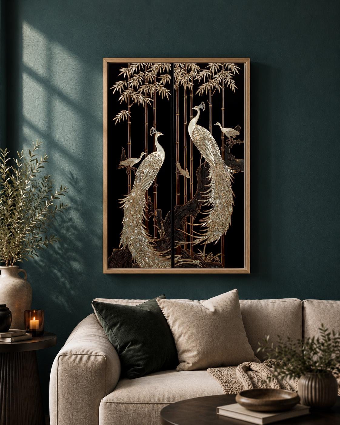 Art Deco Peacock Framed Canvas Art, Black Gold Oriental Bird Print, Japanese Style Decor by The Wall Art Studio - physical