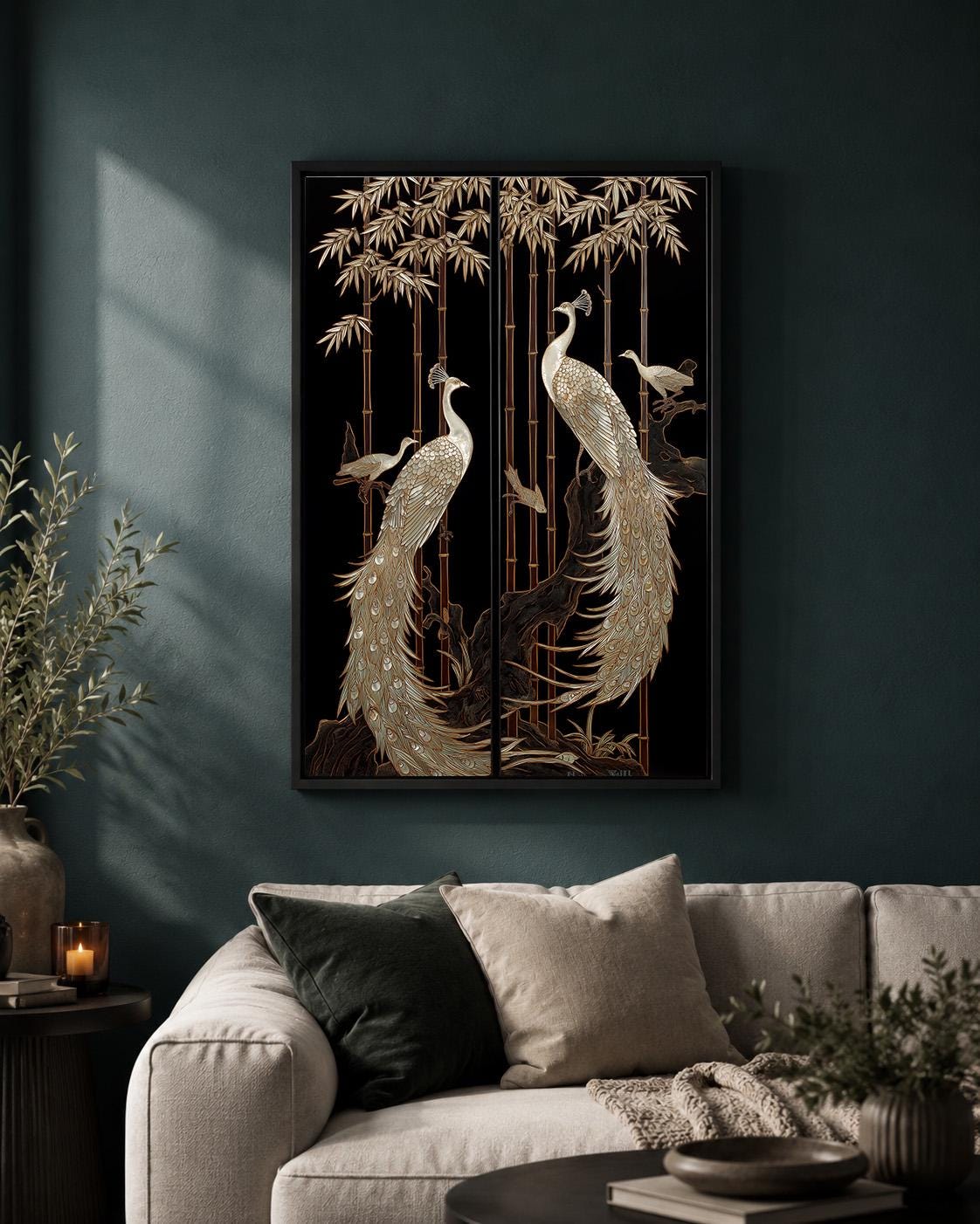 Art Deco Peacock Framed Canvas Art, Black Gold Oriental Bird Print, Japanese Style Decor by The Wall Art Studio - physical