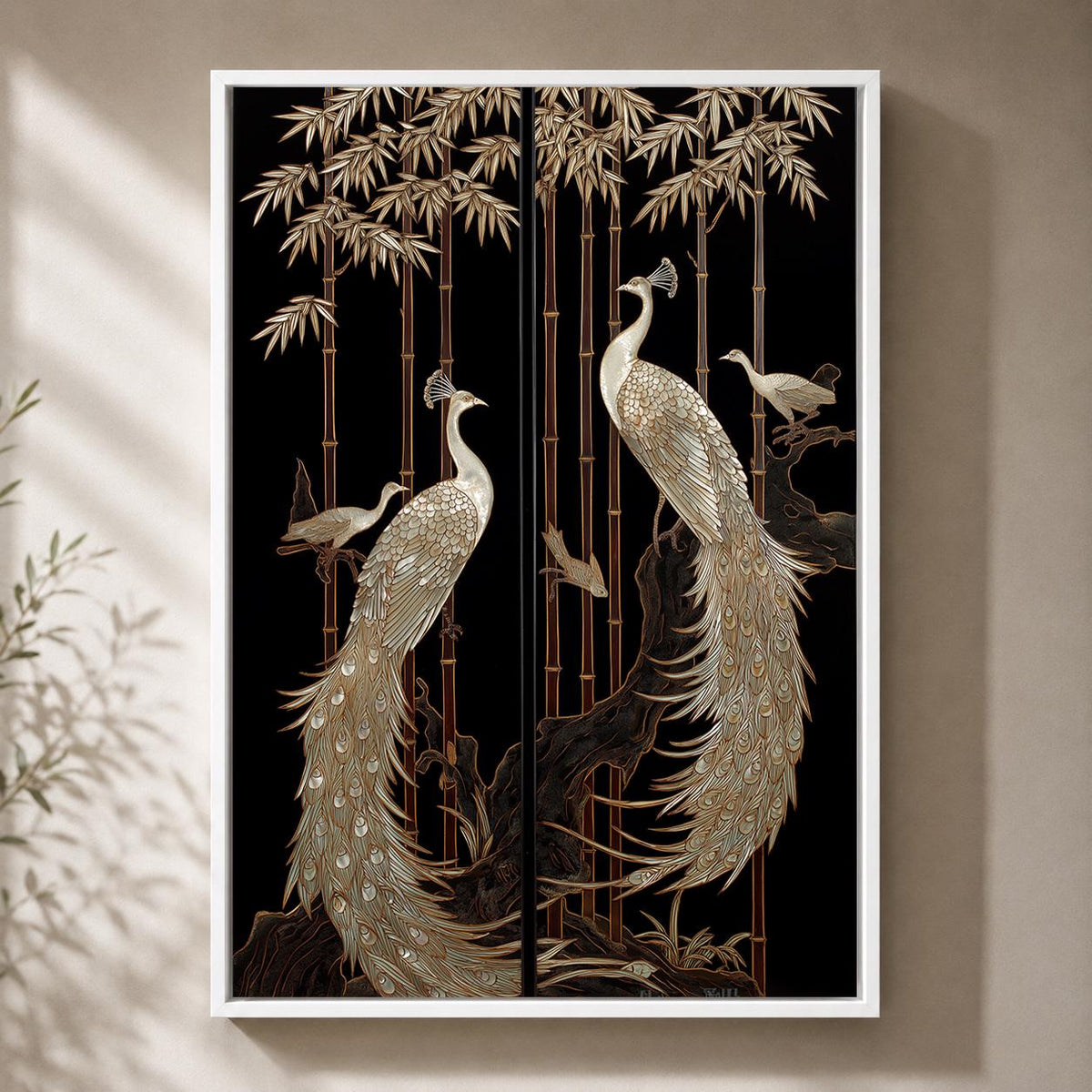 Art Deco Peacock Framed Canvas Art, Black Gold Oriental Bird Print, Japanese Style Decor by The Wall Art Studio - physical