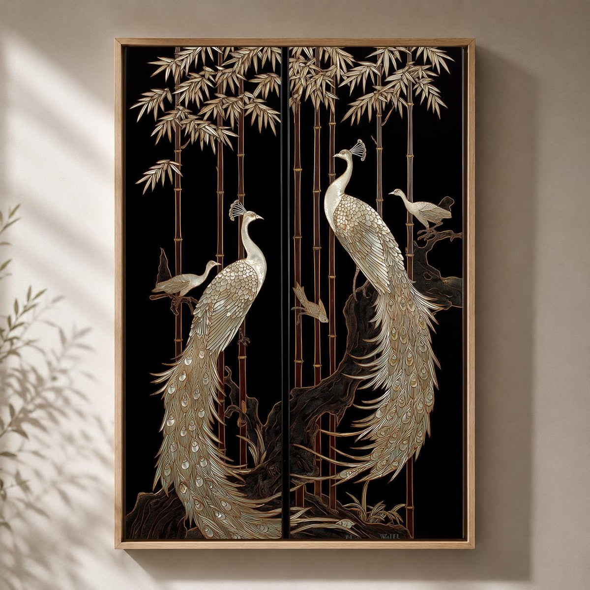 Art Deco Peacock Framed Canvas Art, Black Gold Oriental Bird Print, Japanese Style Decor by The Wall Art Studio - physical