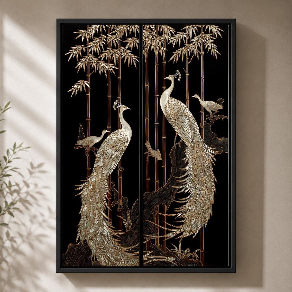 Art Deco Peacock Framed Canvas Art, Black Gold Oriental Bird Print, Japanese Style Decor by The Wall Art Studio - physical