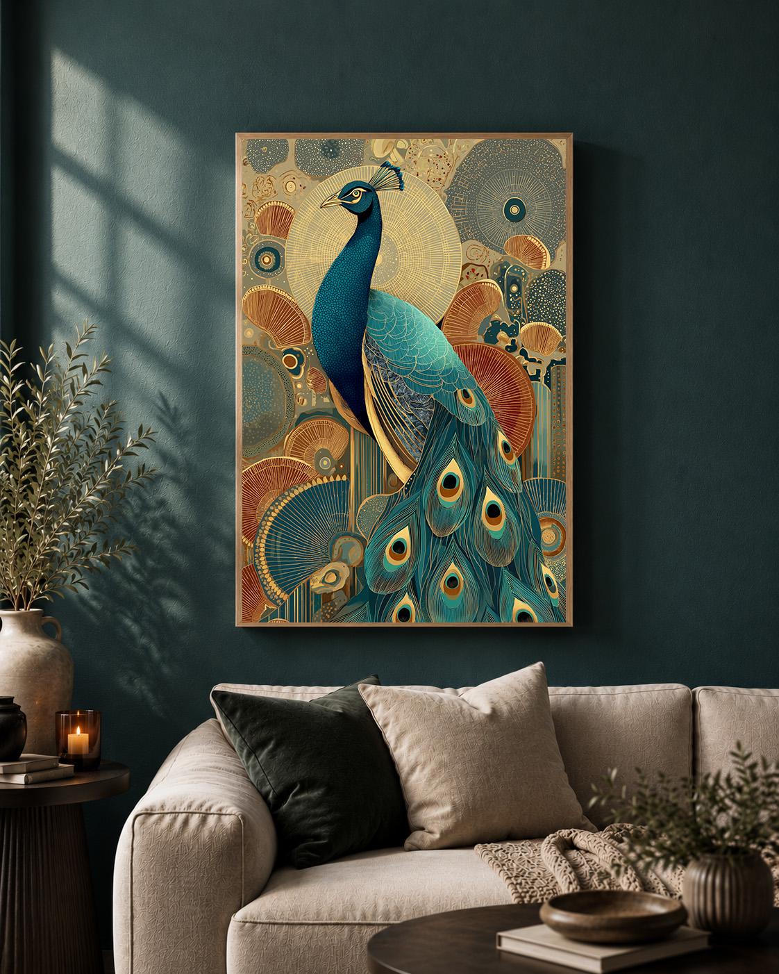 Art Deco Peacock Framed Canvas Art, Blue Gold Print, Vintage Glam Artwork, Maximalist Decor by The Wall Art Studio - physical