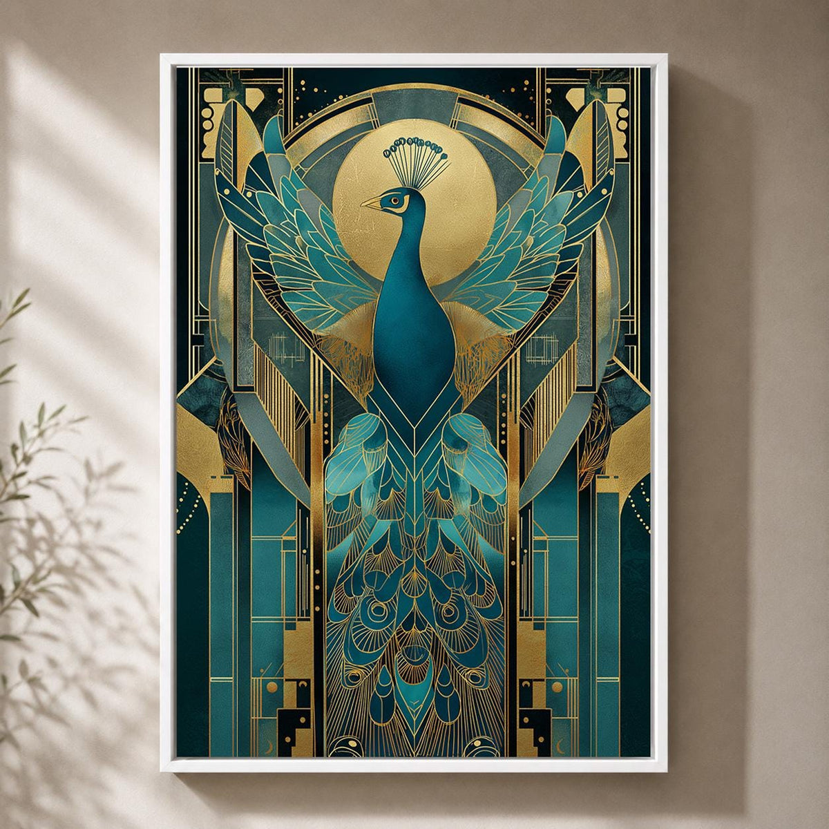 Art Deco Peacock Framed Canvas Art, Teal Gold Print, Maximalist Glam Bedroom Artwork by The Wall Art Studio - physical