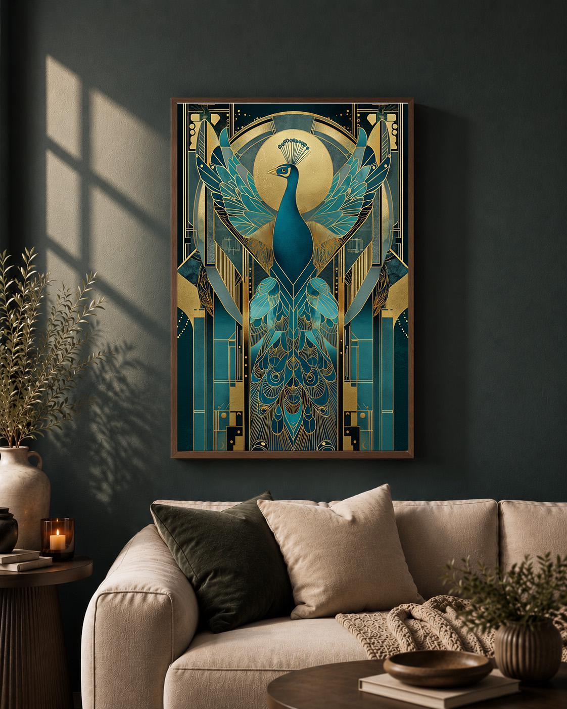 Art Deco Peacock Framed Canvas Art, Teal Gold Print, Maximalist Glam Bedroom Artwork by The Wall Art Studio - physical