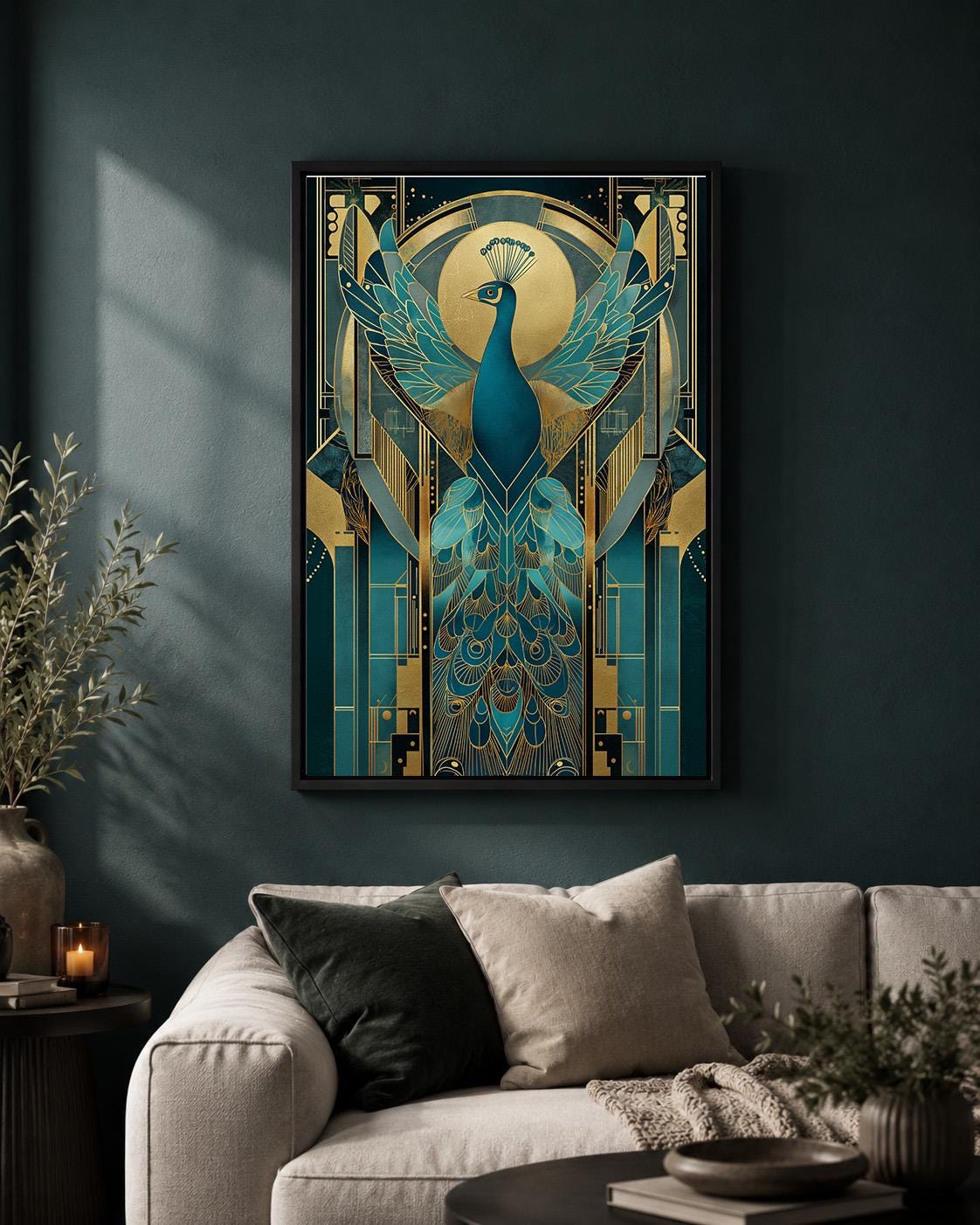 Art Deco Peacock Framed Canvas Art, Teal Gold Print, Maximalist Glam Bedroom Artwork by The Wall Art Studio - physical
