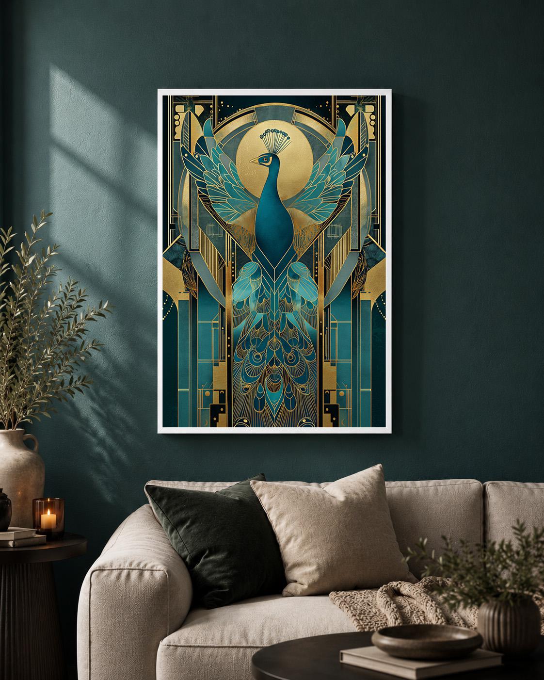 Art Deco Peacock Framed Canvas Art, Teal Gold Print, Maximalist Glam Bedroom Artwork by The Wall Art Studio - physical