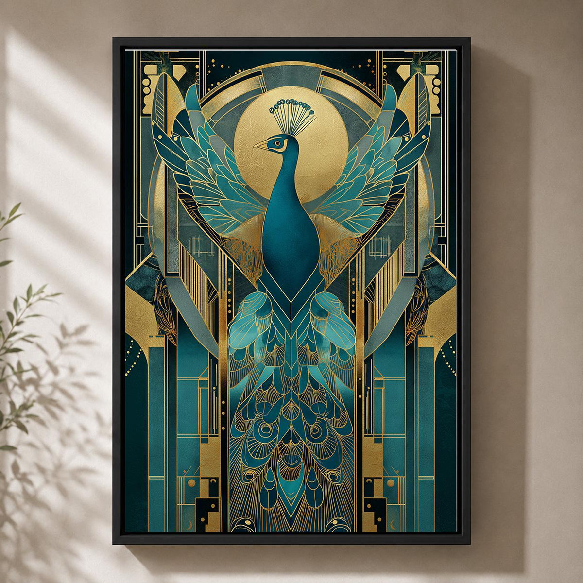 Art Deco Peacock Framed Canvas Art, Teal Gold Print, Maximalist Glam Bedroom Artwork by The Wall Art Studio - physical