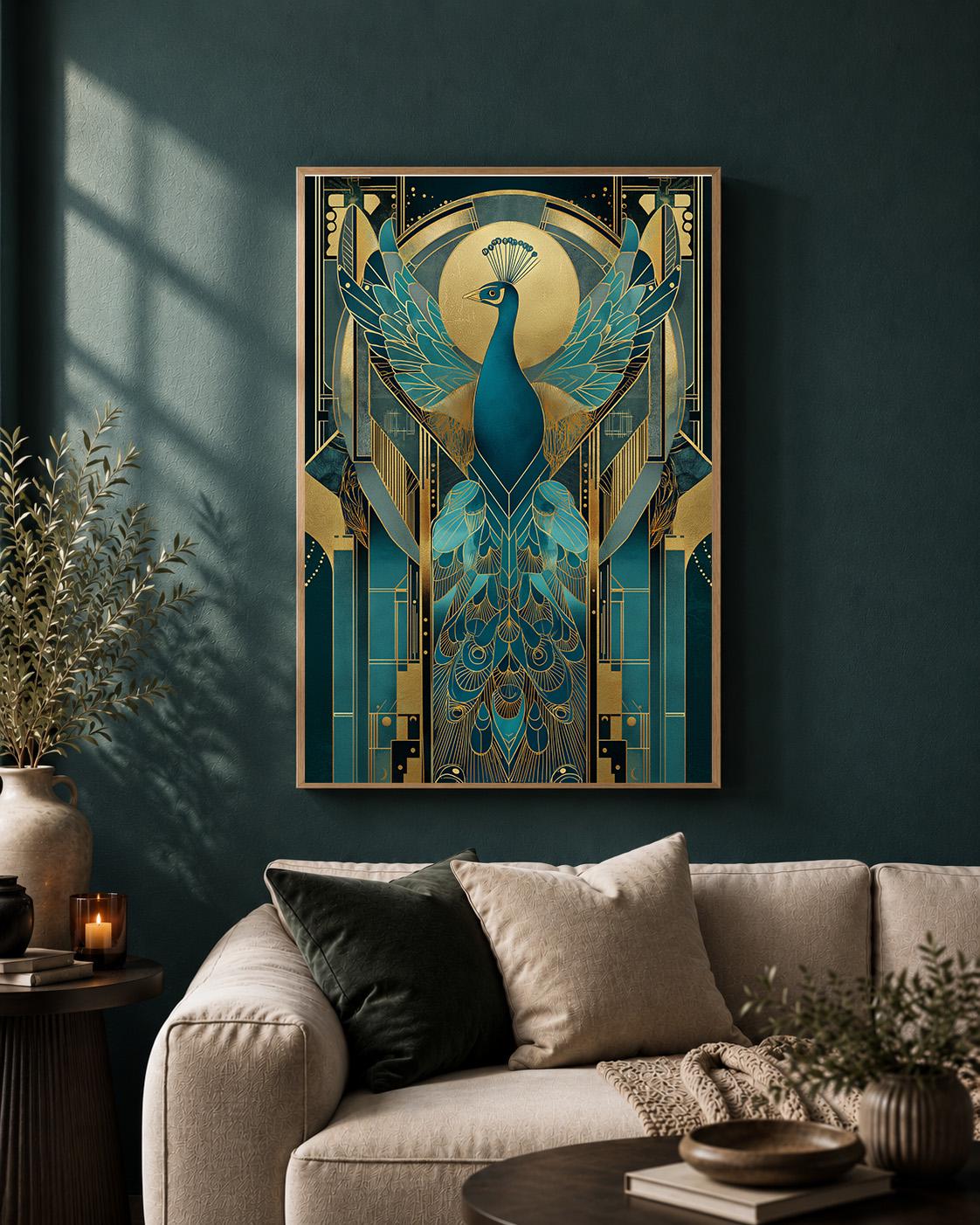 Art Deco Peacock Framed Canvas Art, Teal Gold Print, Maximalist Glam Bedroom Artwork by The Wall Art Studio - physical