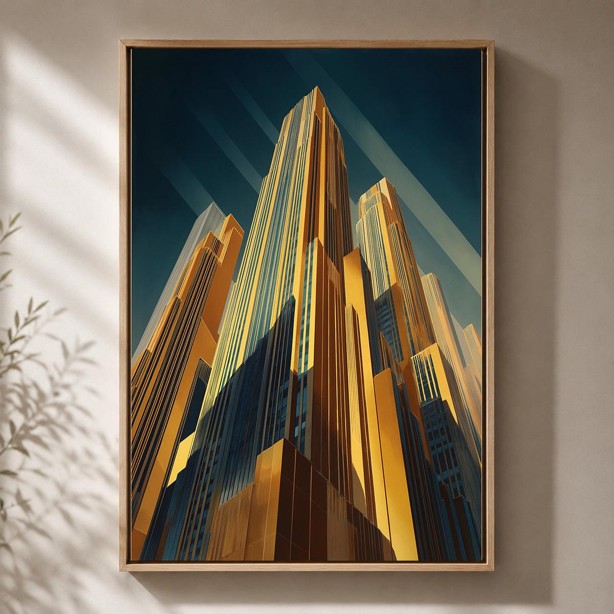 Art Deco Skyscraper Framed Canvas Print, Gold Cityscape Wall Art, Modern Architecture Decor by The Wall Art Studio - physical