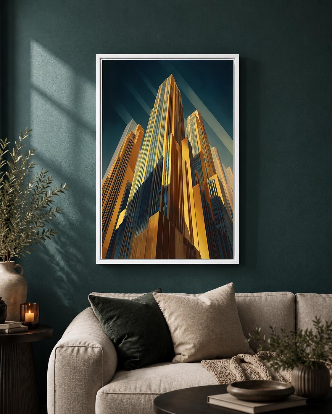 Art Deco Skyscraper Framed Canvas Print, Gold Cityscape Wall Art, Modern Architecture Decor by The Wall Art Studio - physical