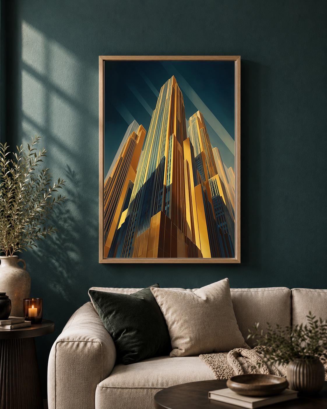Art Deco Skyscraper Framed Canvas Print, Gold Cityscape Wall Art, Modern Architecture Decor by The Wall Art Studio - physical