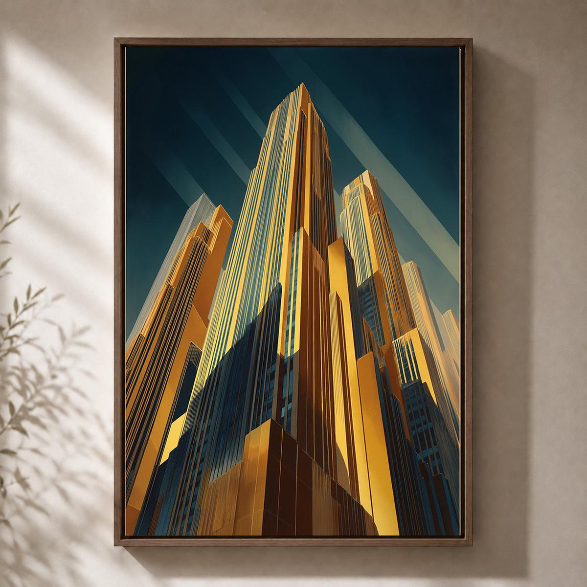 Art Deco Skyscraper Framed Canvas Print, Gold Cityscape Wall Art, Modern Architecture Decor by The Wall Art Studio - physical
