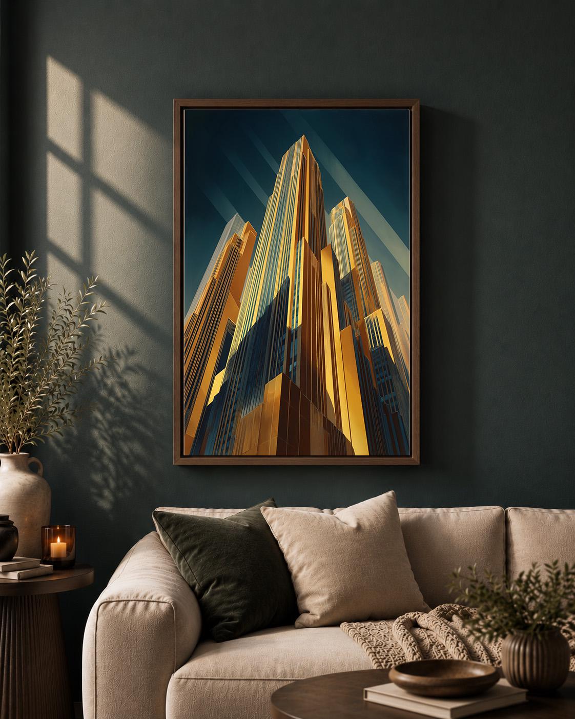 Art Deco Skyscraper Framed Canvas Print, Gold Cityscape Wall Art, Modern Architecture Decor by The Wall Art Studio - physical
