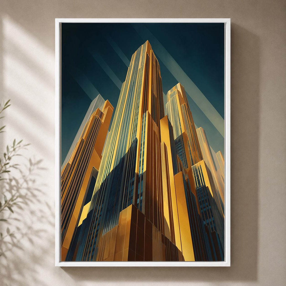 Art Deco Skyscraper Framed Canvas Print, Gold Cityscape Wall Art, Modern Architecture Decor by The Wall Art Studio - physical