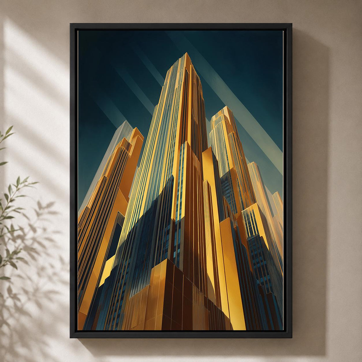 Art Deco Skyscraper Framed Canvas Print, Gold Cityscape Wall Art, Modern Architecture Decor by The Wall Art Studio - physical