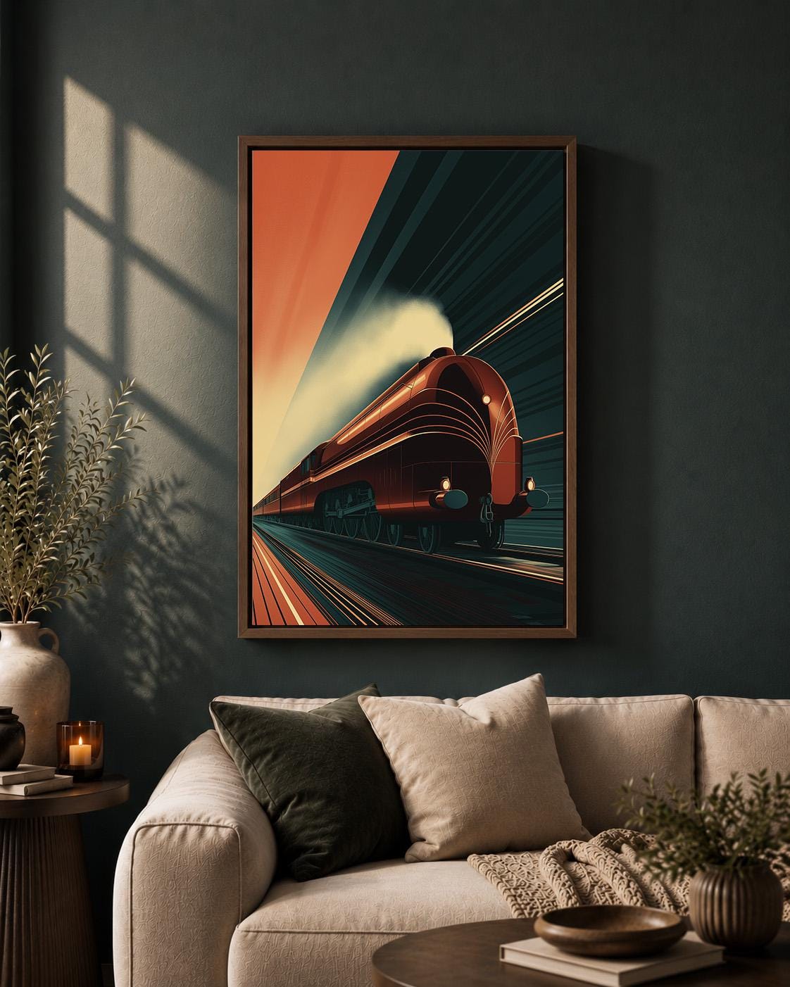 Art Deco Steam Train Framed Canvas Print, Vintage Locomotive Railway Decor by The Wall Art Studio - physical