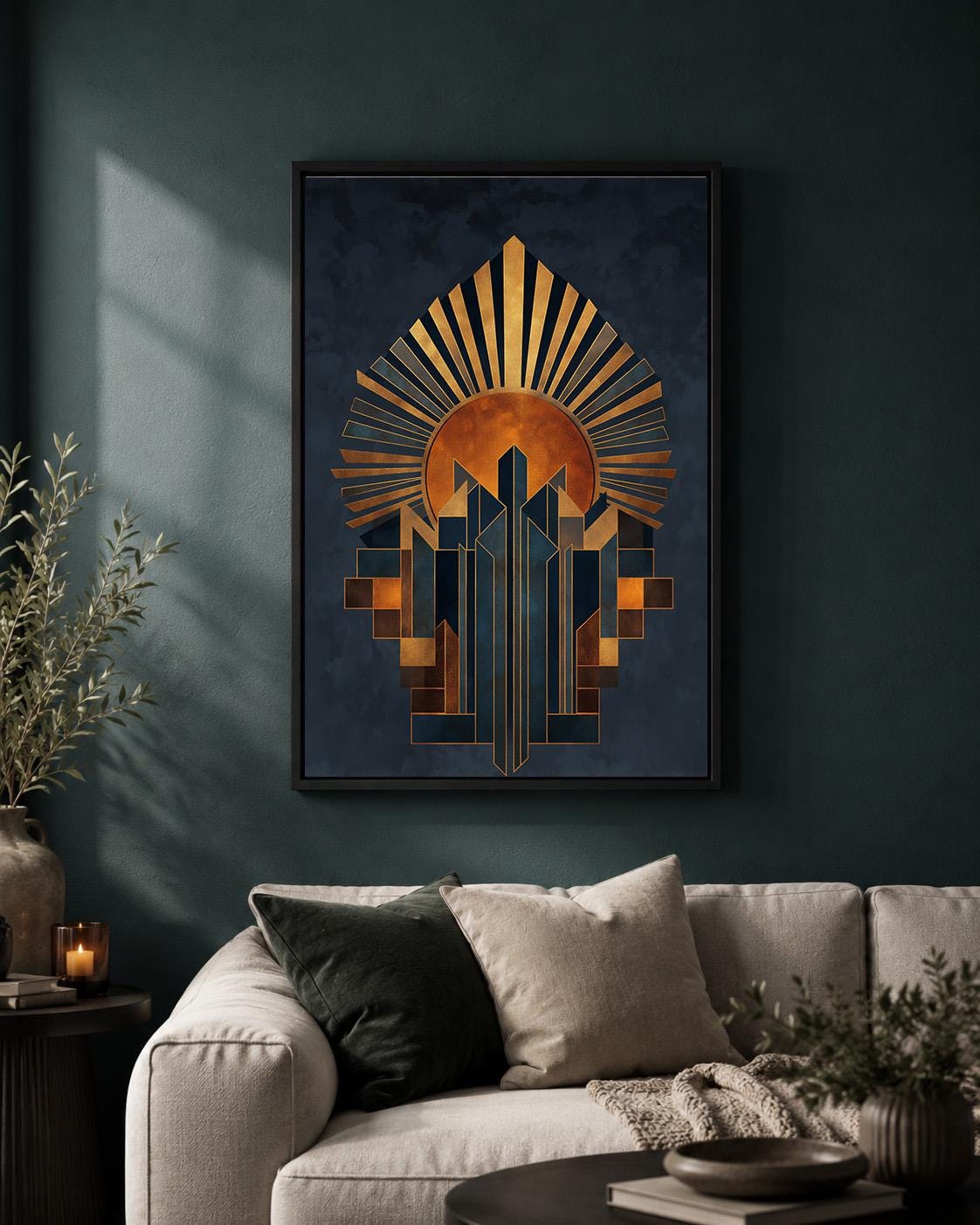 Art Deco Sunburst Framed Canvas Art, Geometric Gold Navy Abstract Print, Modern Decor by The Wall Art Studio - physical