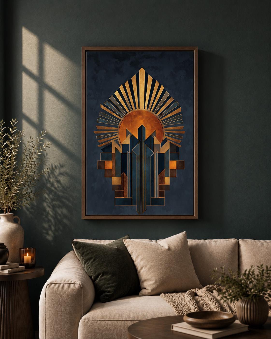 Art Deco Sunburst Framed Canvas Art, Geometric Gold Navy Abstract Print, Modern Decor by The Wall Art Studio - physical