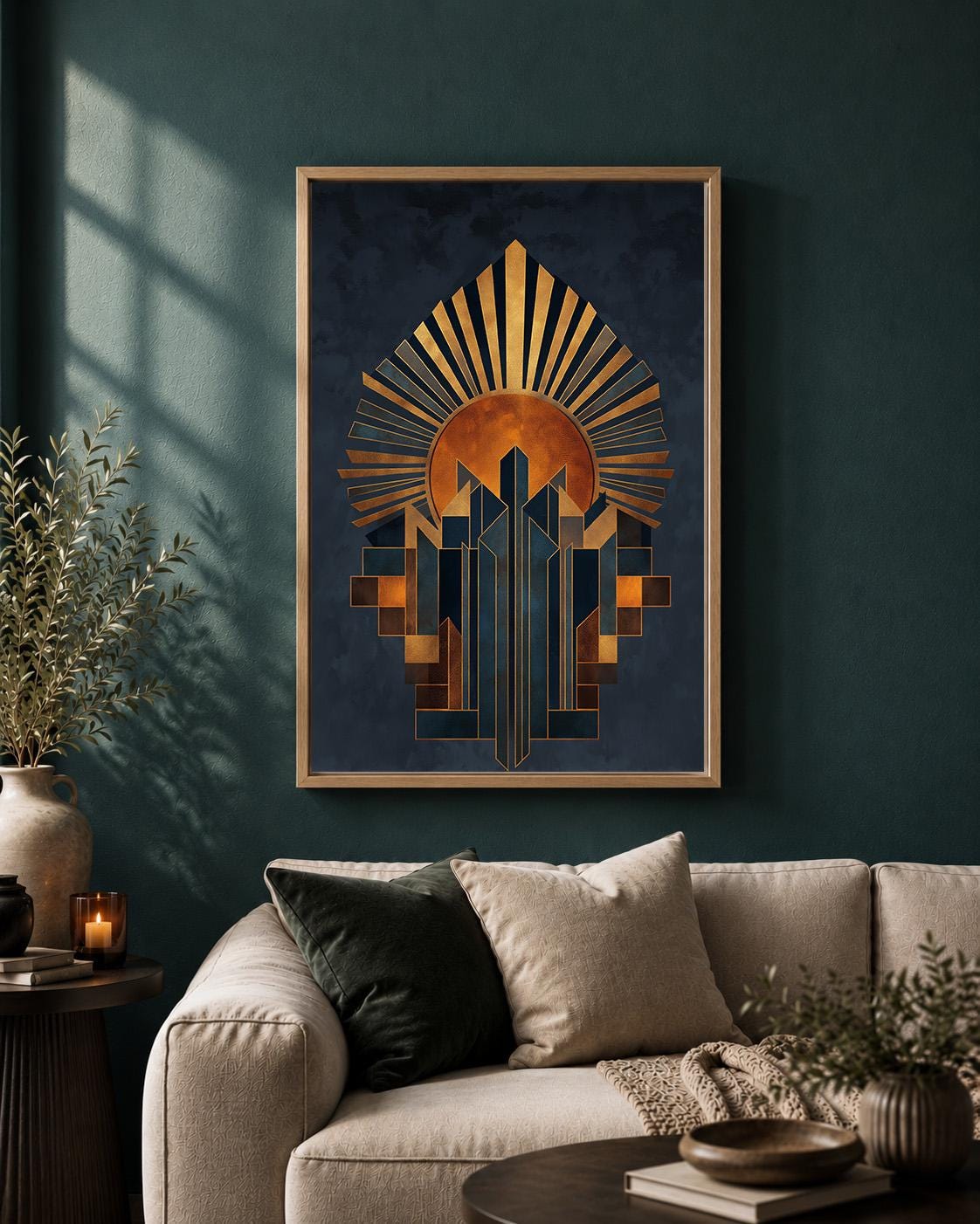 Art Deco Sunburst Framed Canvas Art, Geometric Gold Navy Abstract Print, Modern Decor by The Wall Art Studio - physical
