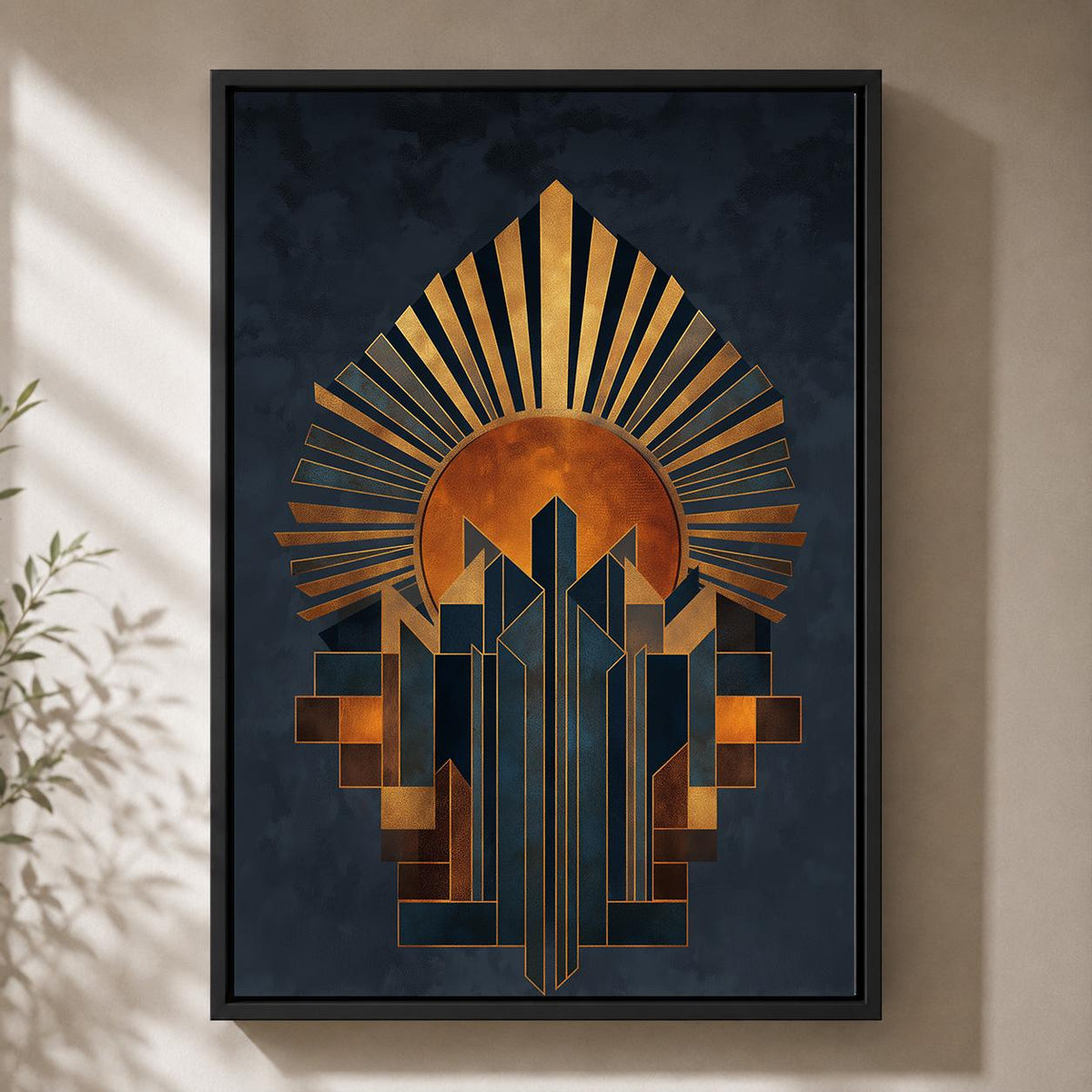 Art Deco Sunburst Framed Canvas Art, Geometric Gold Navy Abstract Print, Modern Decor by The Wall Art Studio - physical