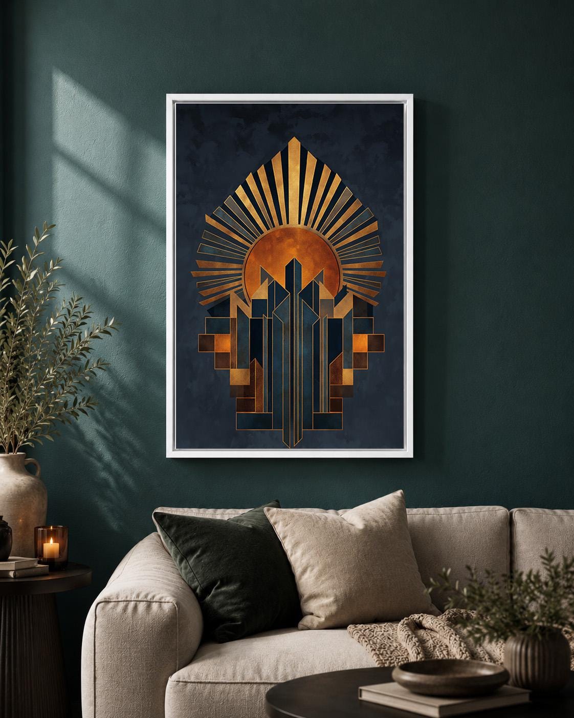 Art Deco Sunburst Framed Canvas Art, Geometric Gold Navy Abstract Print, Modern Decor by The Wall Art Studio - physical