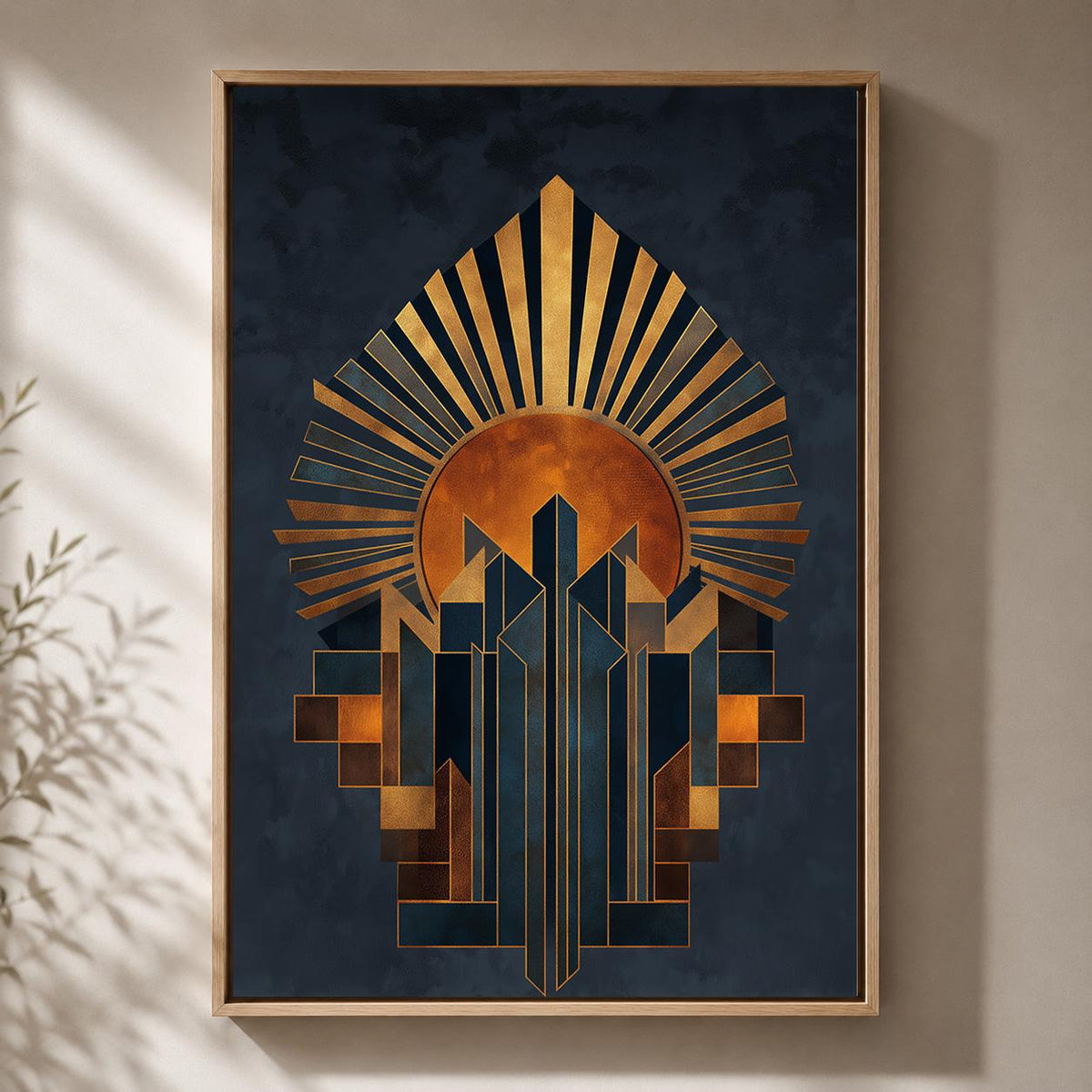 Art Deco Sunburst Framed Canvas Art, Geometric Gold Navy Abstract Print, Modern Decor by The Wall Art Studio - physical