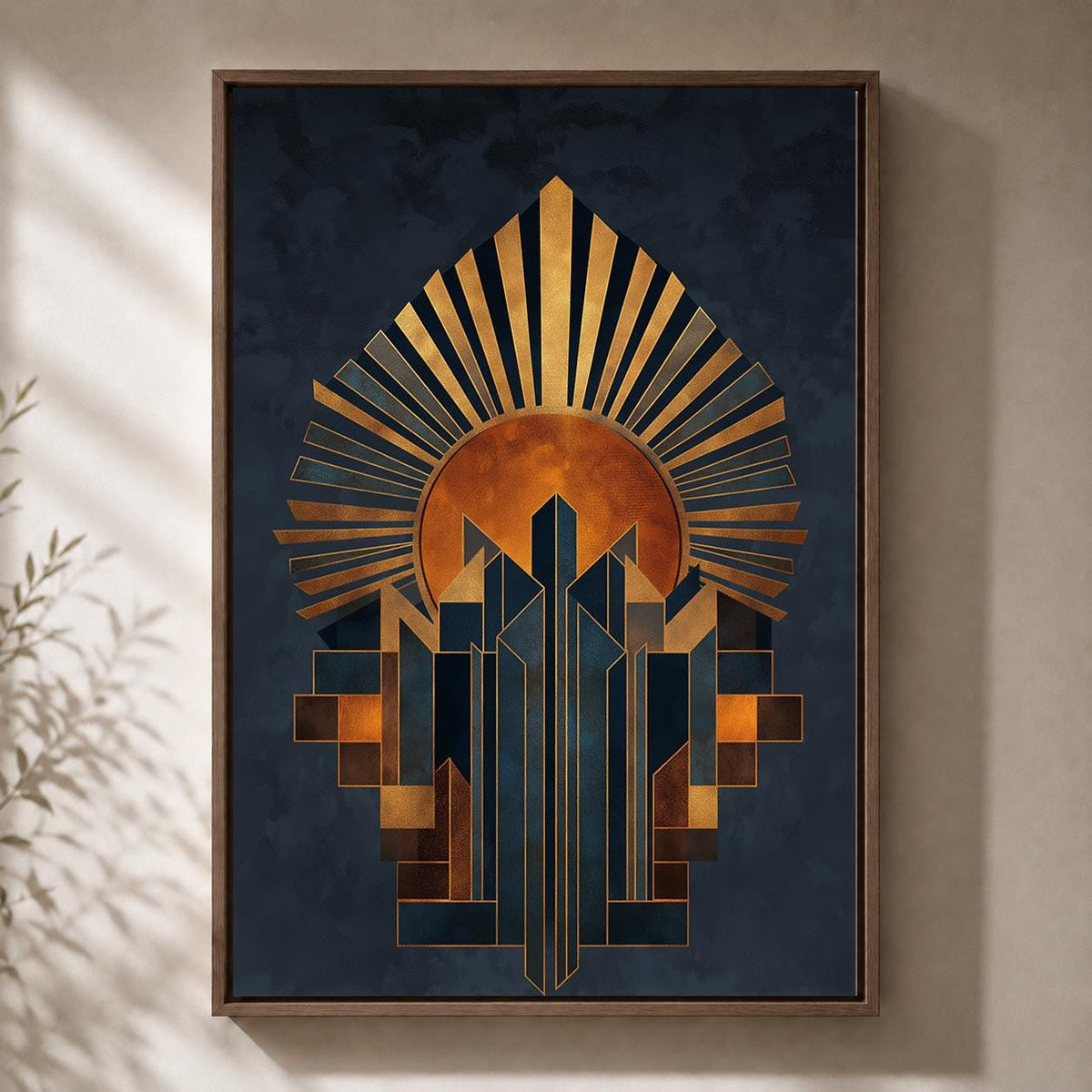 Art Deco Sunburst Framed Canvas Art, Geometric Gold Navy Abstract Print, Modern Decor by The Wall Art Studio - physical