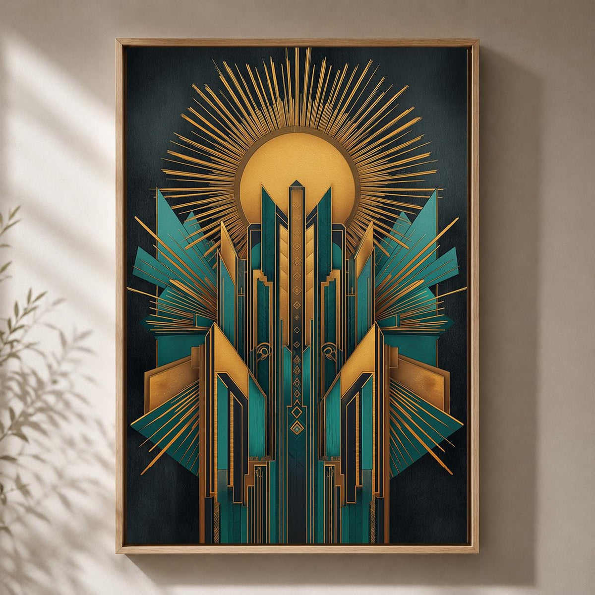 Art Deco Teal Gold Geometric Framed Canvas Print, Vintage Glam Wall Art by The Wall Art Studio - physical